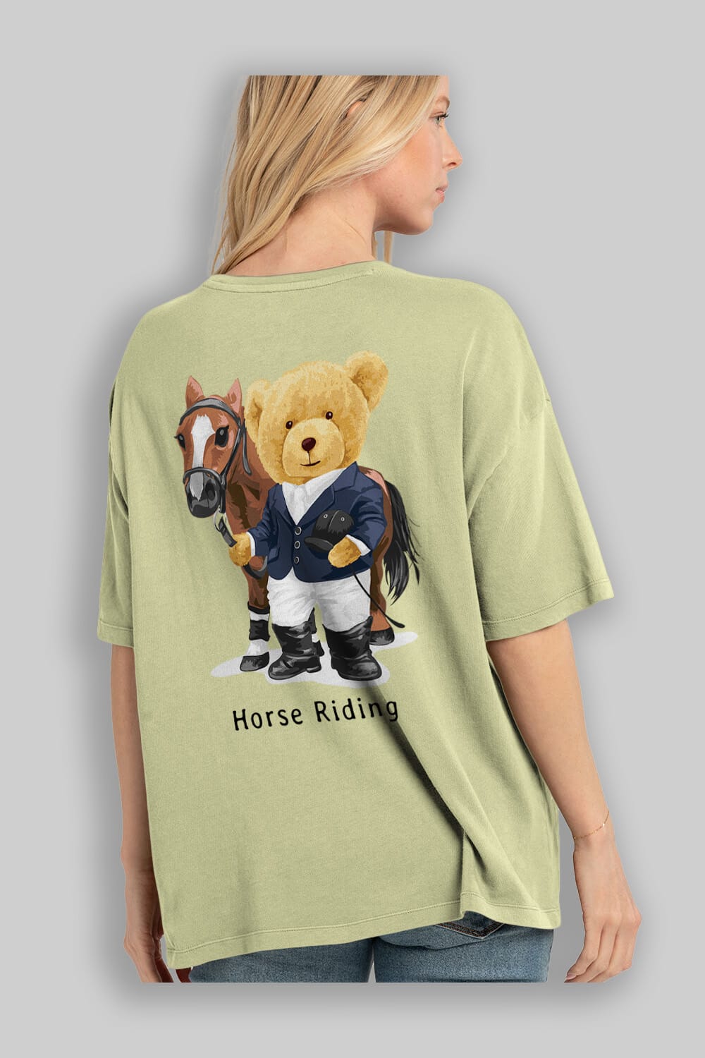Teddy Bear Horse Riding Arka Baskılı Oversize t-shirt Erkek Kadın Unisex %100 Pamuk
