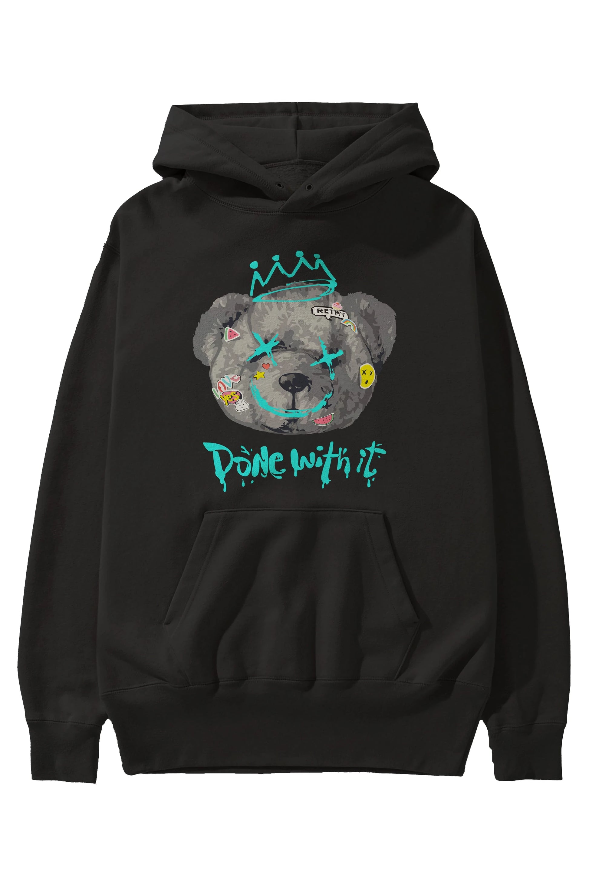 Done With it Bear Ön Baskılı Hoodie Oversize Kapüşonlu Sweatshirt Erkek Kadın Unisex