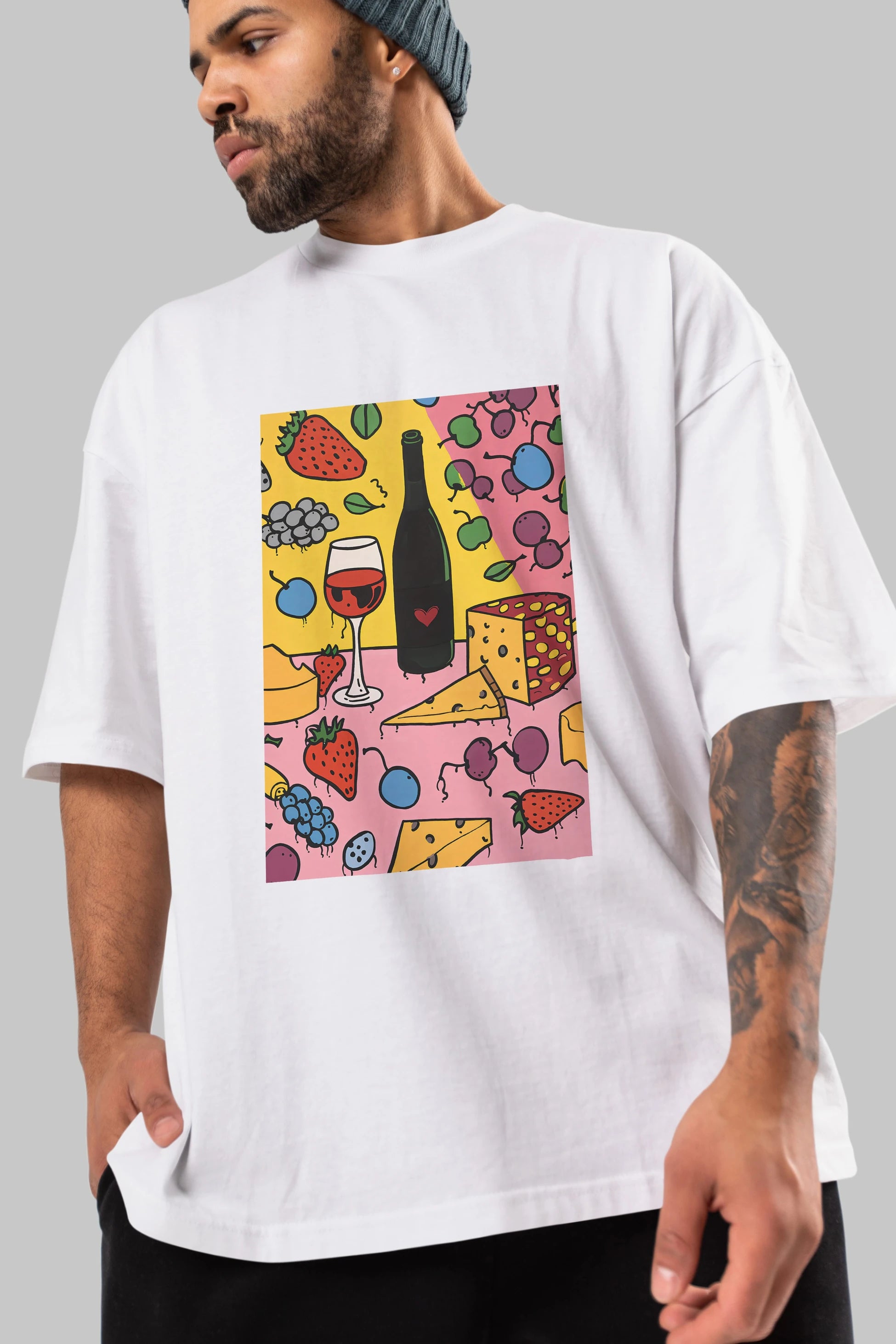 Wine Cheese Fruits Ön Baskılı Oversize t-shirt Erkek Kadın Unisex %100 Pamuk Bisiklet Yaka tişort