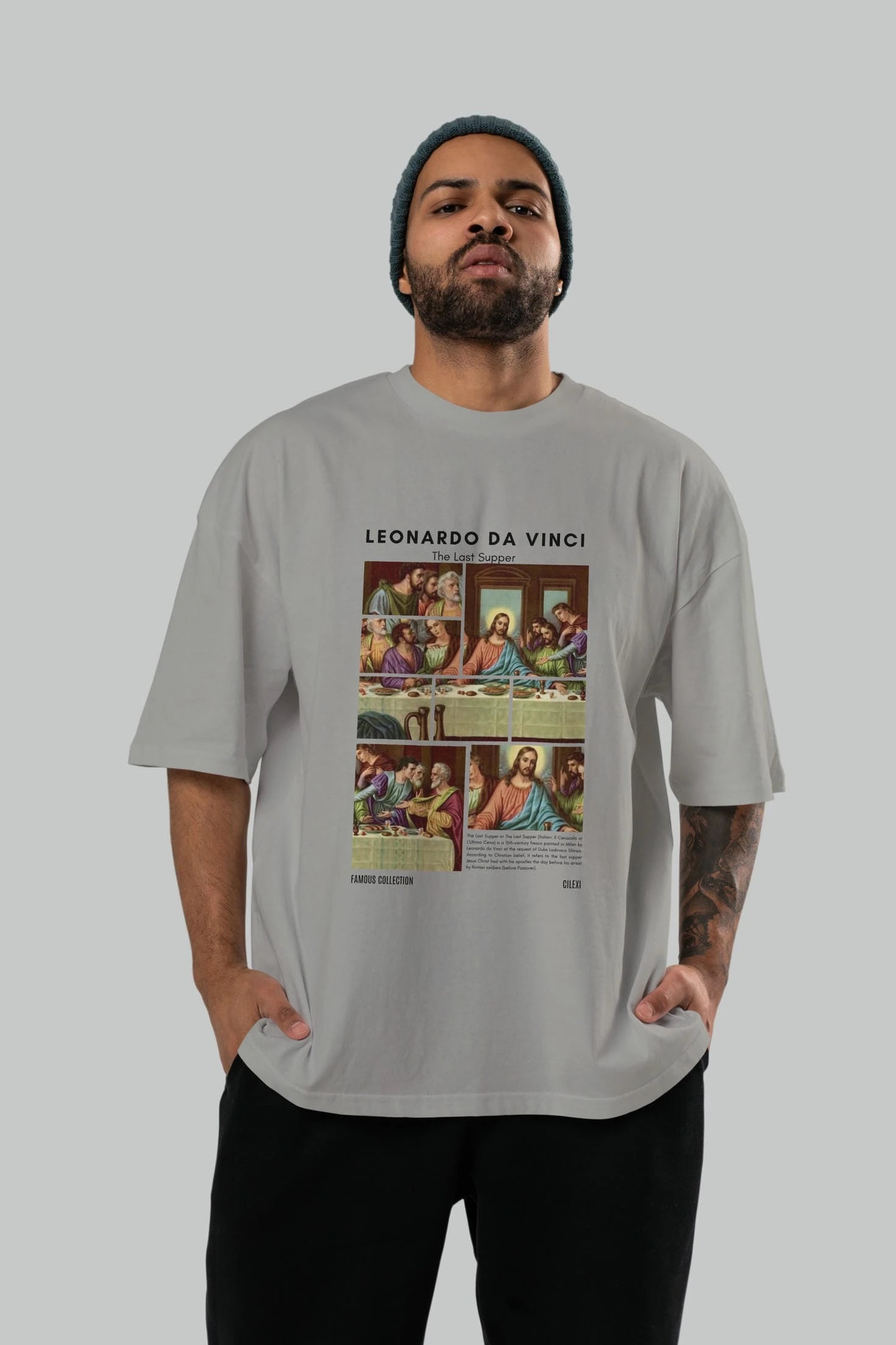 Leonardo Da Vinci ön Baskılı Oversize t-shirt Erkek Kadın Bisiklet Yaka Pamuk tişort