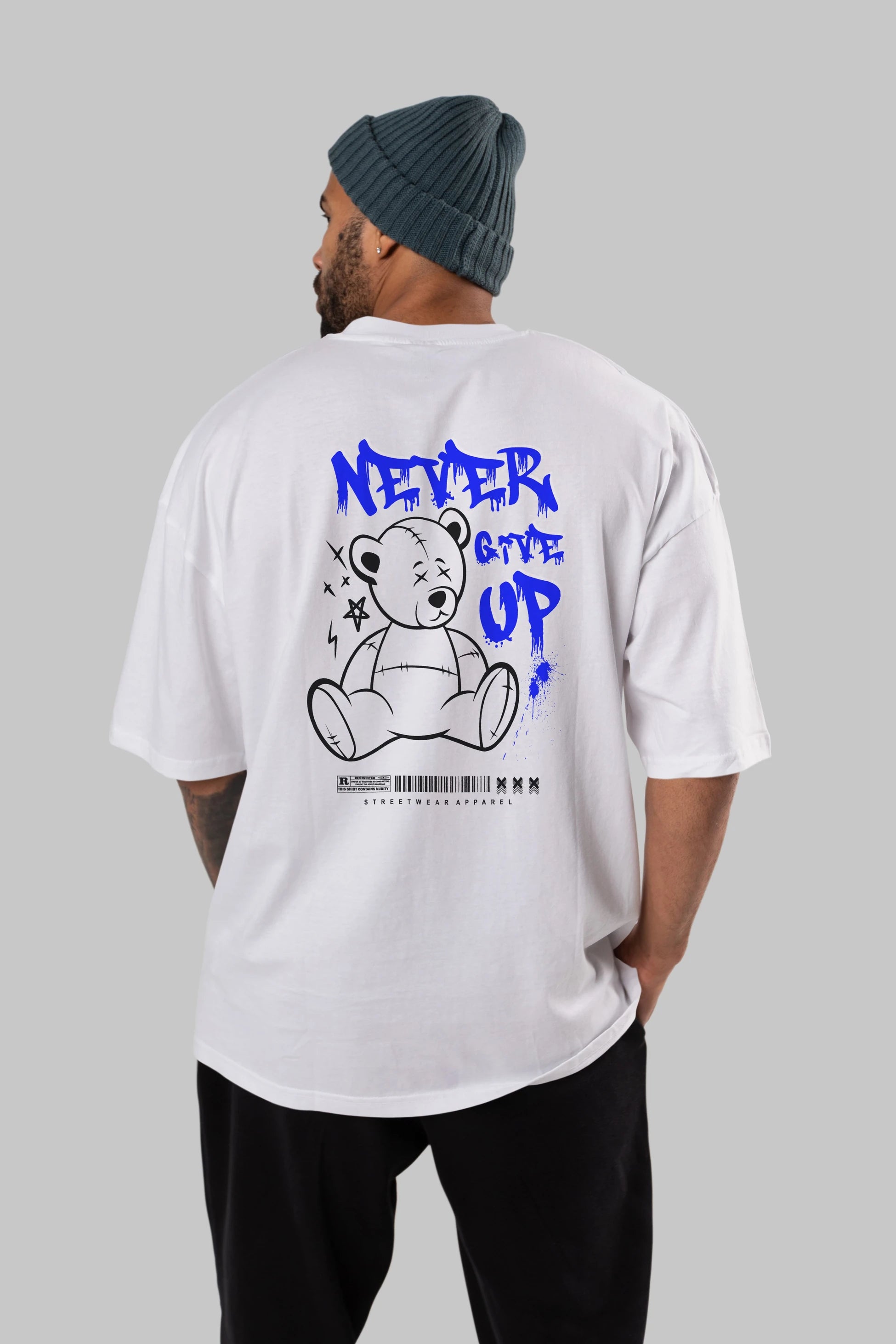 Teddy Bear Never Give Up Arka Baskılı Oversize t-shirt Erkek Kadın Unisex