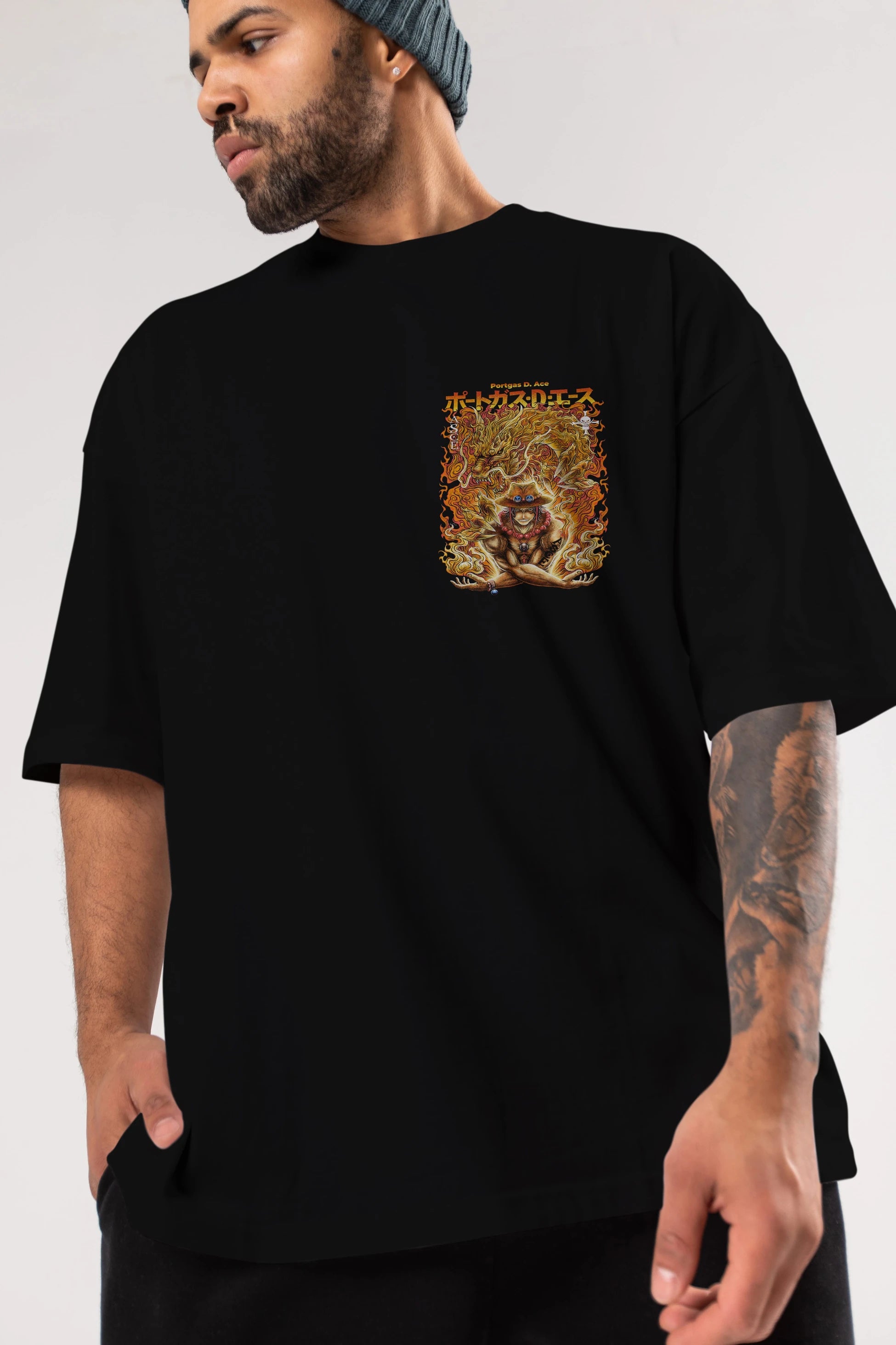 PORTGAS D. ACE Ön Sol Baskılı Oversize t-shirt Erkek Kadın Unisex %100 Pamuk Bisiklet Yaka tişort