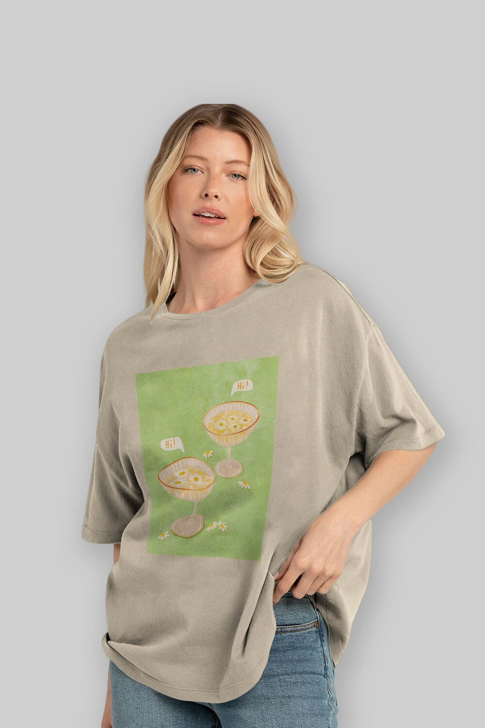 Hi Cheers Ön Baskılı Oversize t-shirt Erkek Kadın Unisex %100 Pamuk Bisiklet Yaka tişort