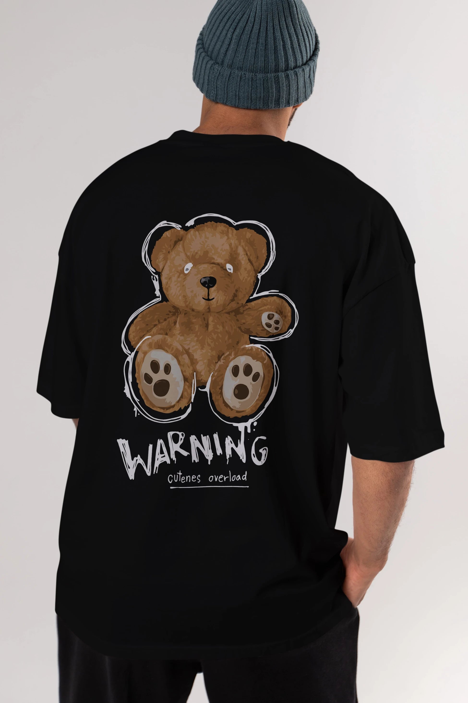 Warning Cuteness Bear Arka Baskılı Oversize t-shirt Erkek Kadın Unisex