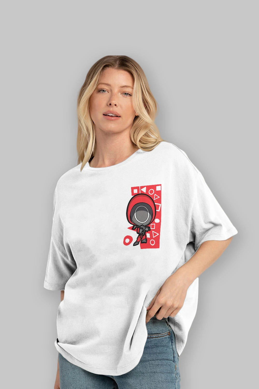 Squid Game (4) Ön Sol Baskılı Oversize t-shirt Erkek Kadın Unisex %100 Pamuk Bisiklet Yaka tişort