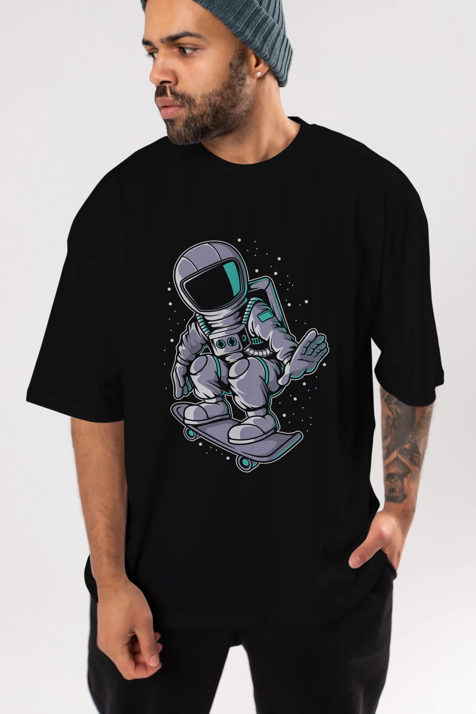 Astronaut Skater Ön Baskılı Oversize t-shirt Erkek Kadın Unisex