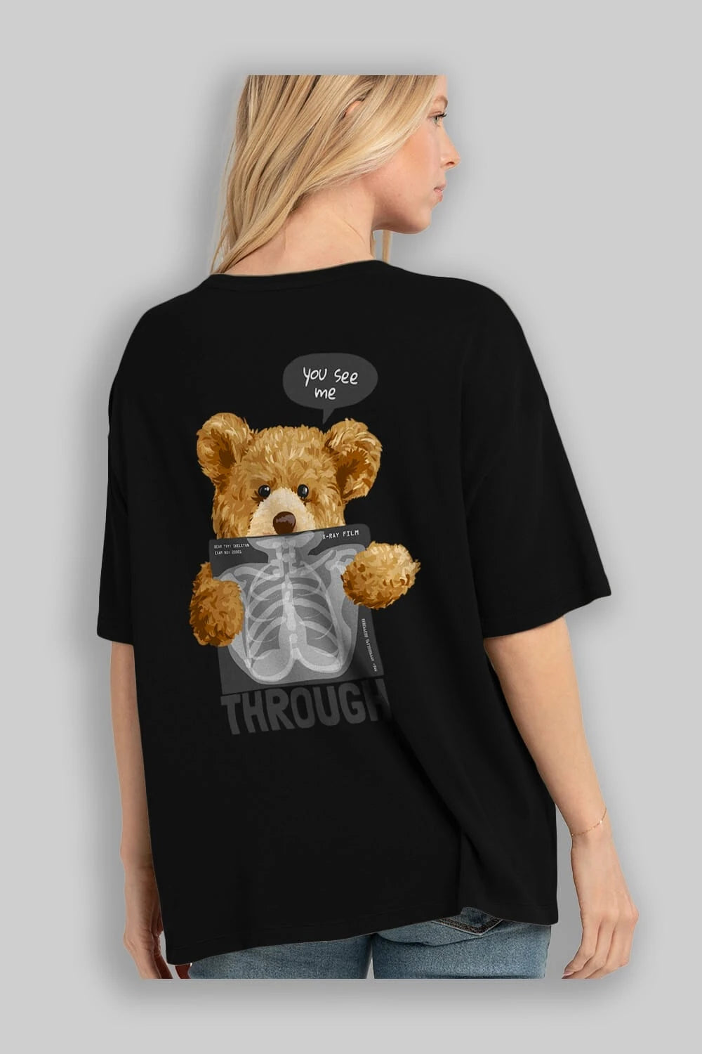 Teddy Bear Trough Arka Baskılı Oversize t-shirt Erkek Kadın Unisex %100 Pamuk