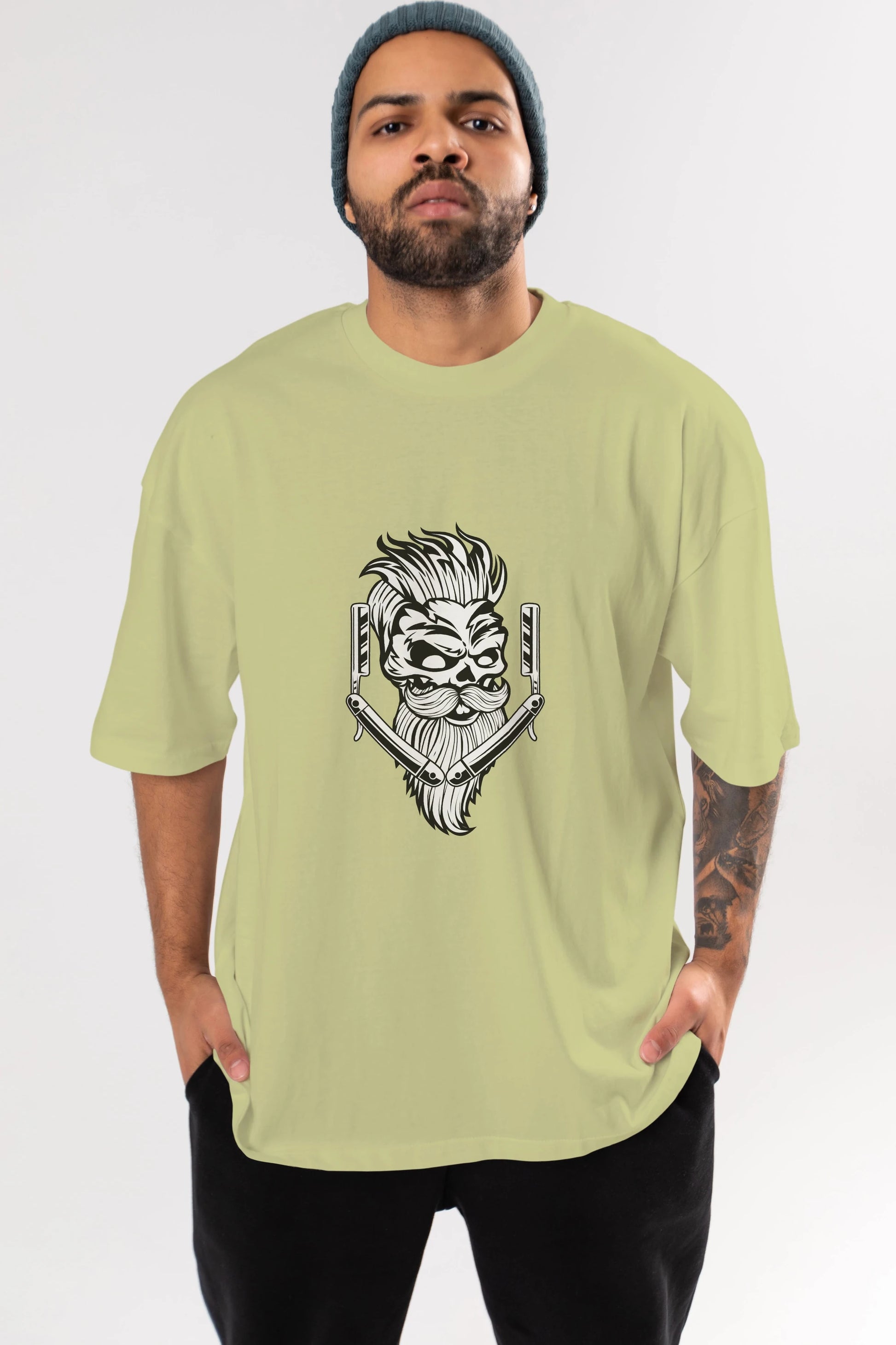 Skull Beard Ön Baskılı Oversize t-shirt Erkek Kadın Unisex %100 Pamuk tişort