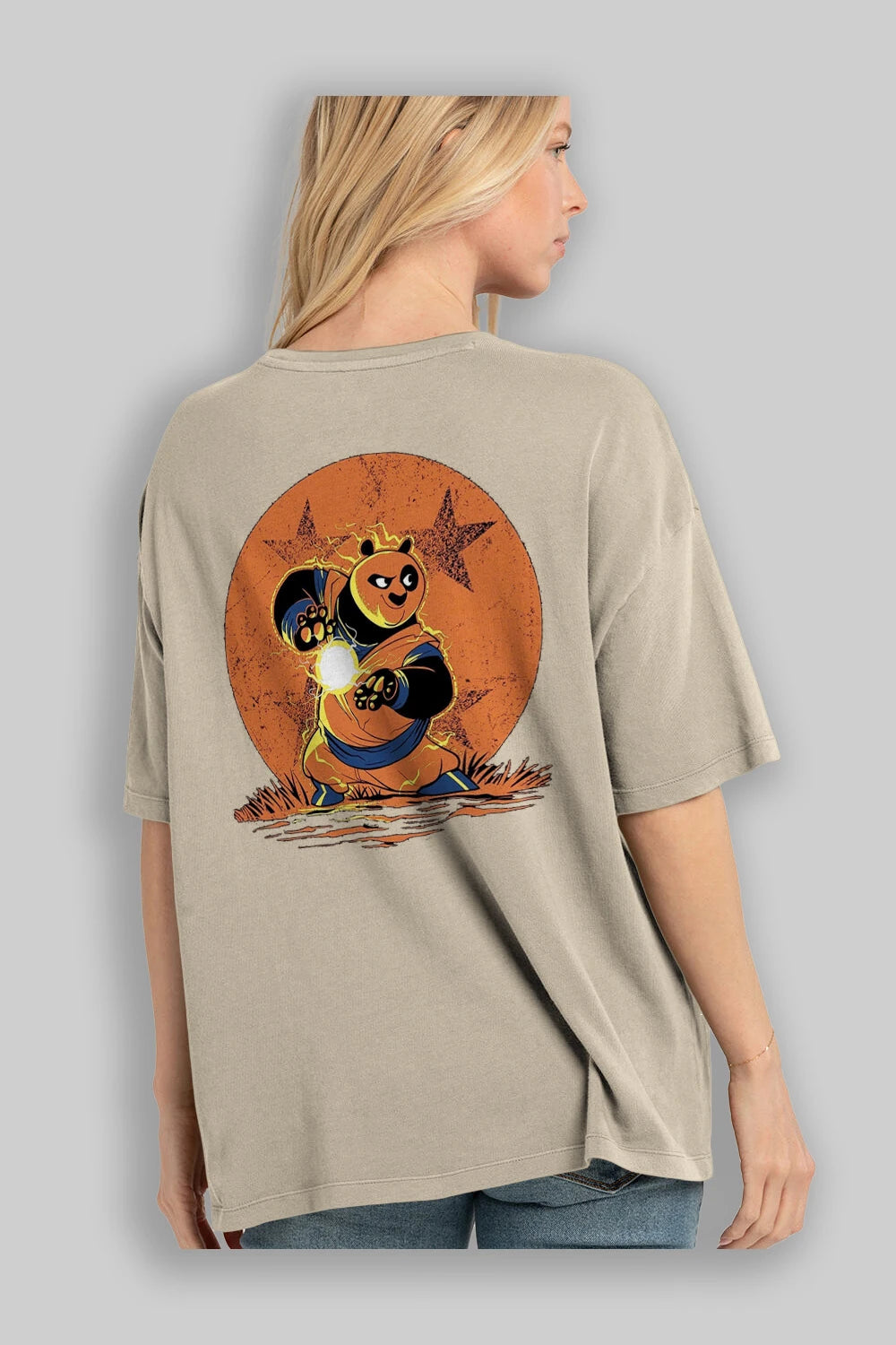 Kung Fu Panda Arka Baskılı Oversize t-shirt Erkek Kadın Unisex %100 Pamuk Bisiklet Yaka tişort