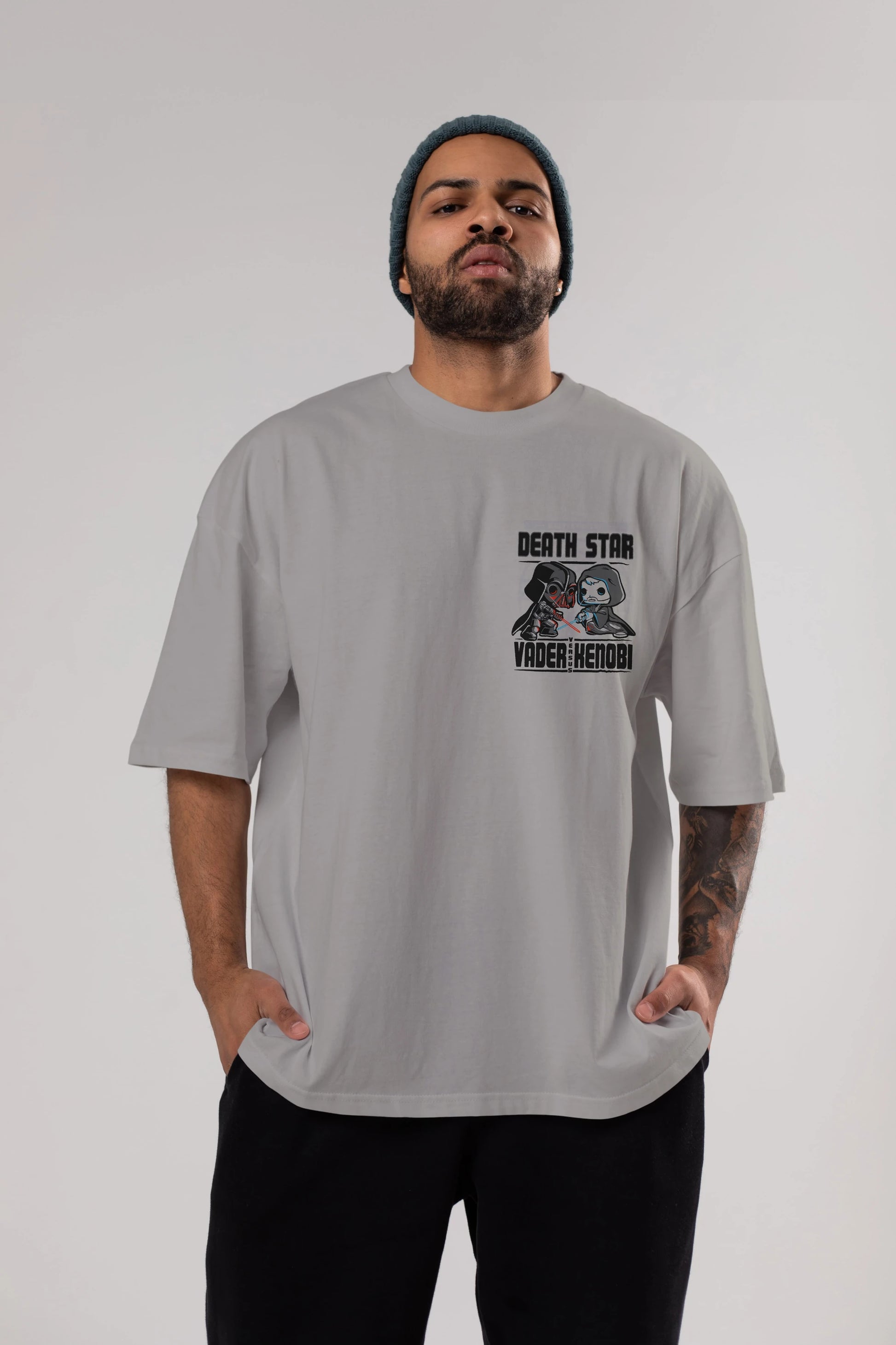 Vader Kenobi Ön Sol Baskılı Oversize t-shirt Erkek Kadın Unisex %100 Pamuk Bisiklet Yaka tişort