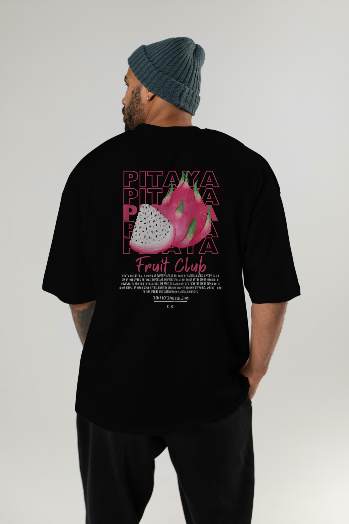 Pitaya Arka Baskılı Oversize t-shirt Erkek Kadın Pamuk Bisiklet Yaka tişort