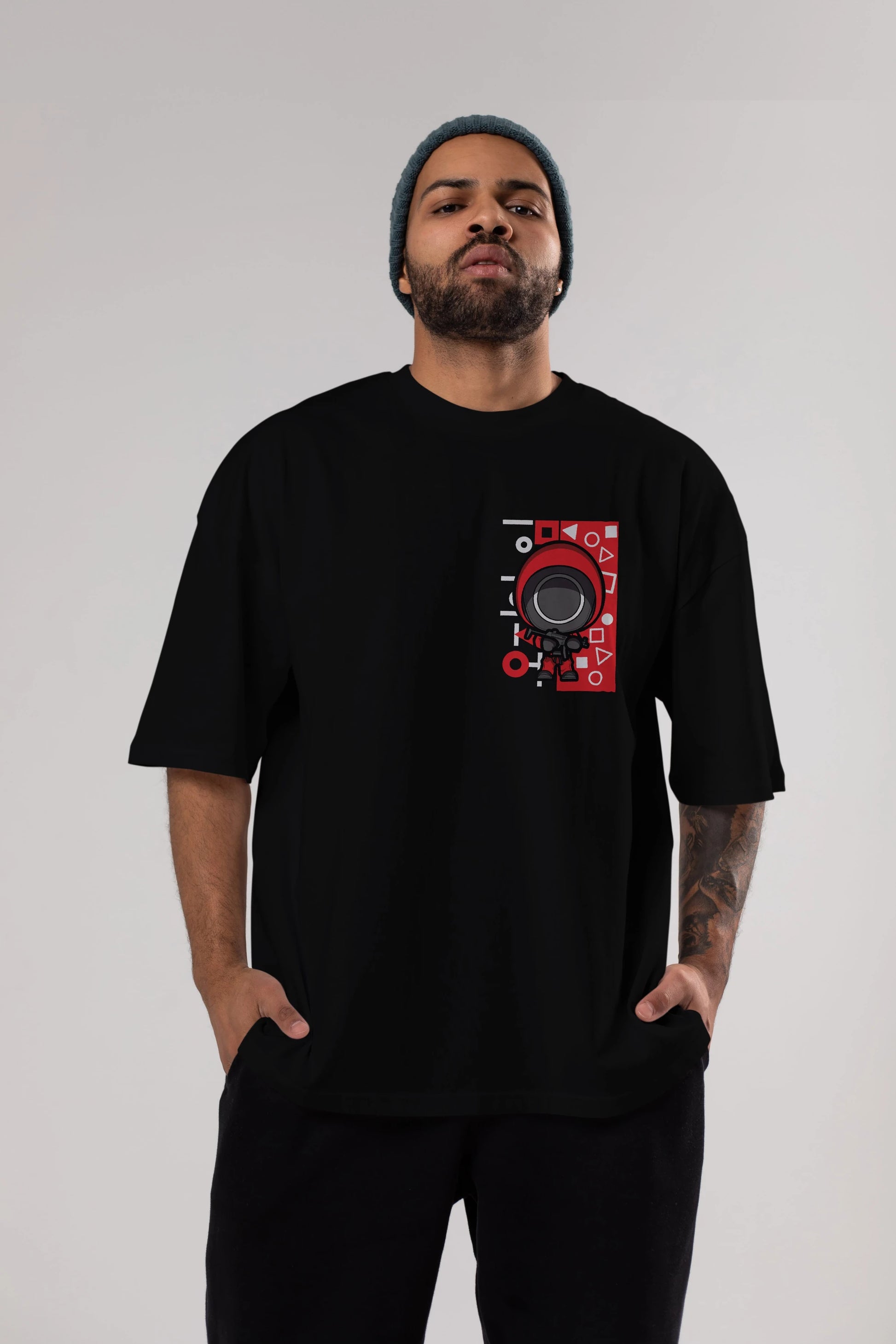 Squid Game (4) Ön Sol Baskılı Oversize t-shirt Erkek Kadın Unisex %100 Pamuk Bisiklet Yaka tişort