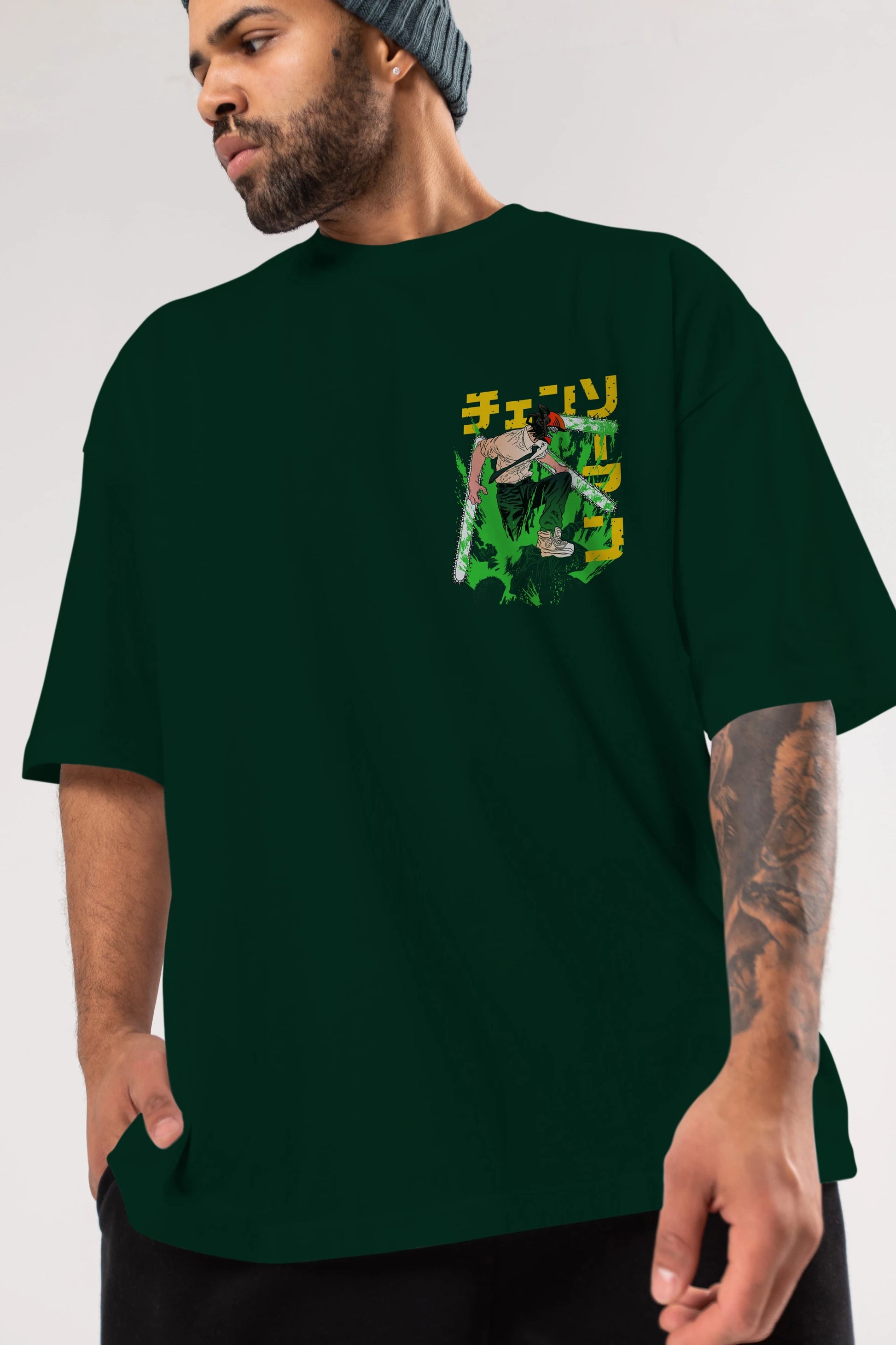 CHAINSAWMAN DENJI Ön Sol Baskılı Oversize t-shirt Erkek Kadın Unisex %100 Pamuk Bisiklet Yaka tişort