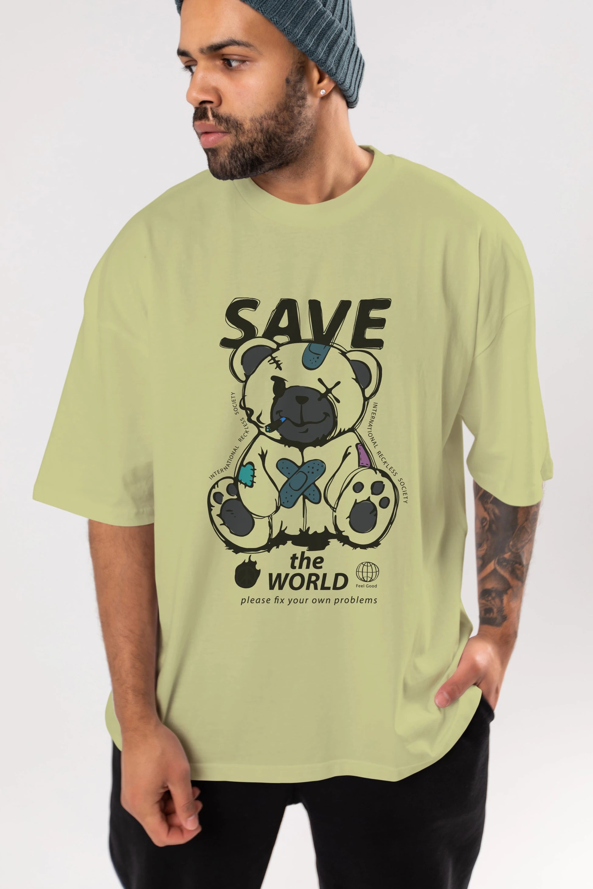 Save the World Bear Ön Baskılı Oversize t-shirt Erkek Kadın Unisex