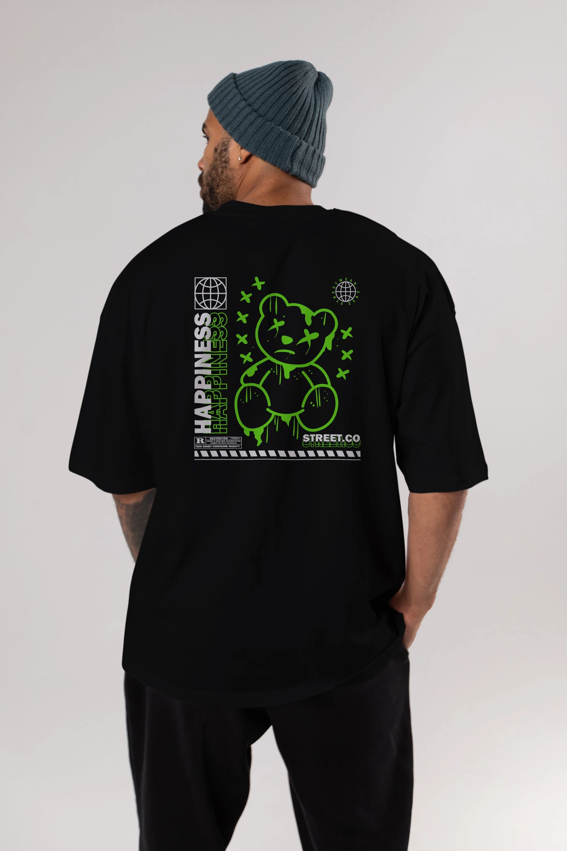 Happiness Bear 3 Arka Baskılı Oversize t-shirt Erkek Kadın Unisex