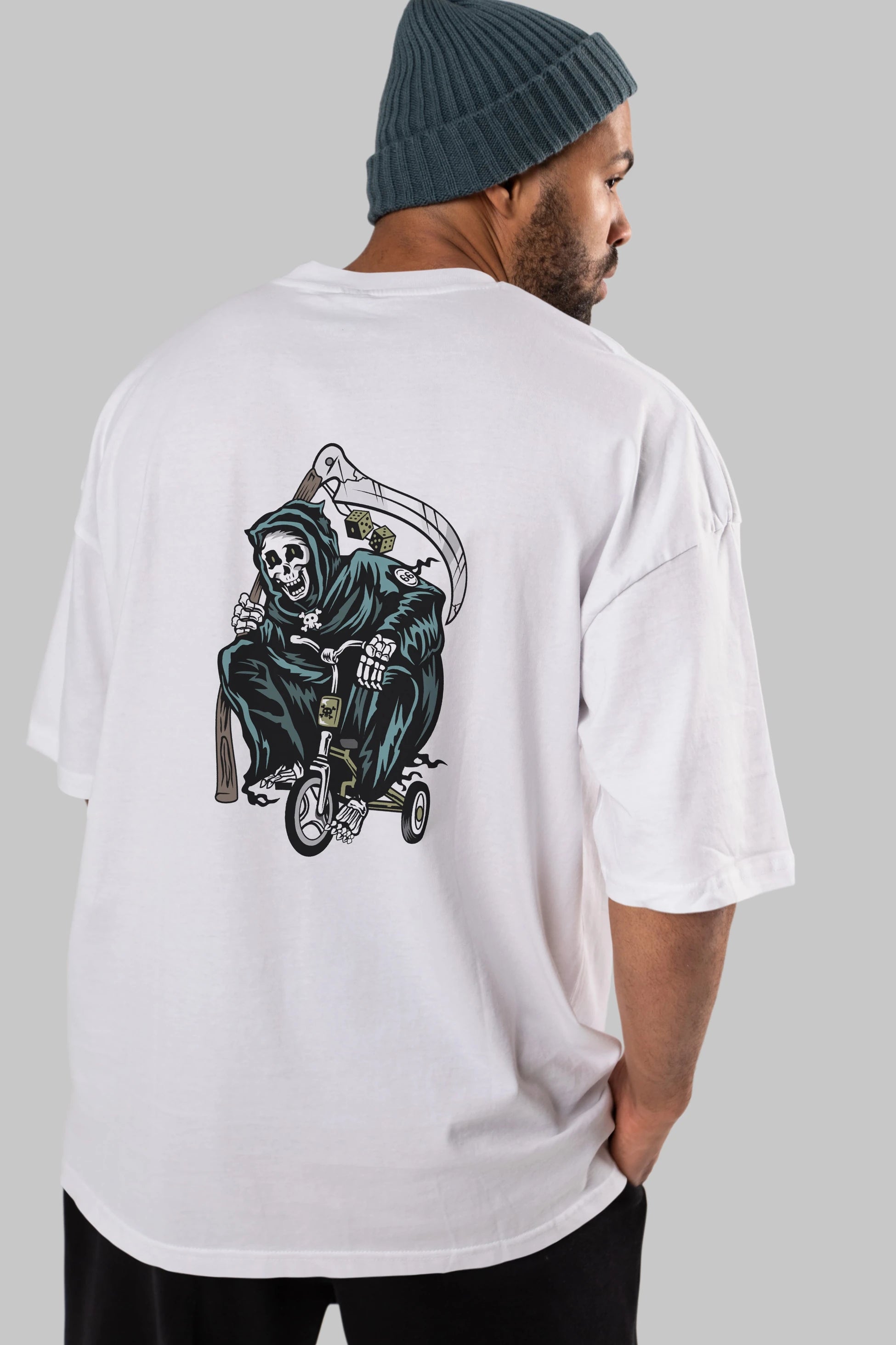 Grim Reaper Bicycle Arka Baskılı Oversize t-shirt Erkek Kadın Unisex %100 Pamuk tişort
