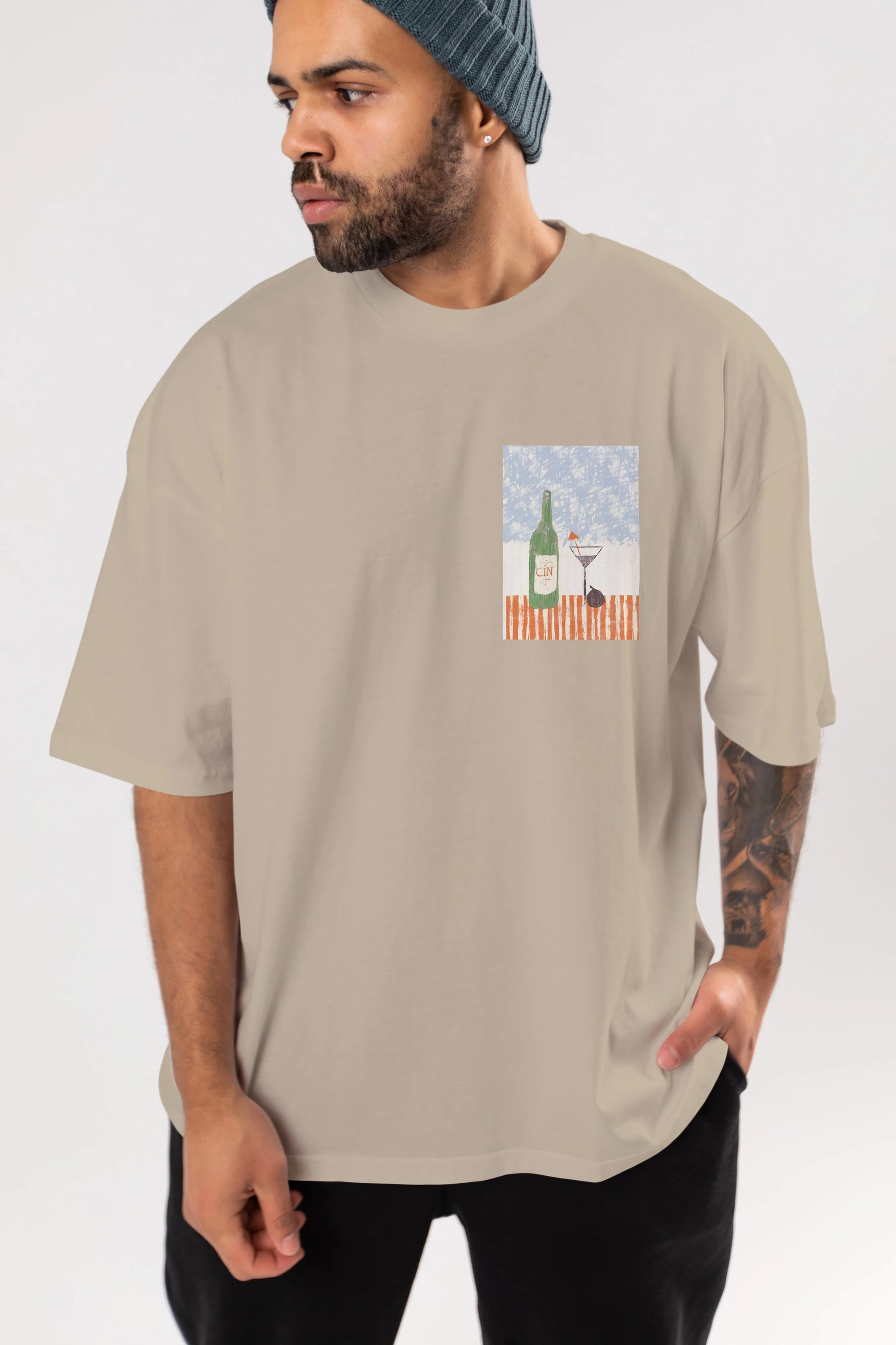 Gin Ön Sol Baskılı Oversize t-shirt Erkek Kadın Unisex %100 Pamuk Bisiklet Yaka tişort