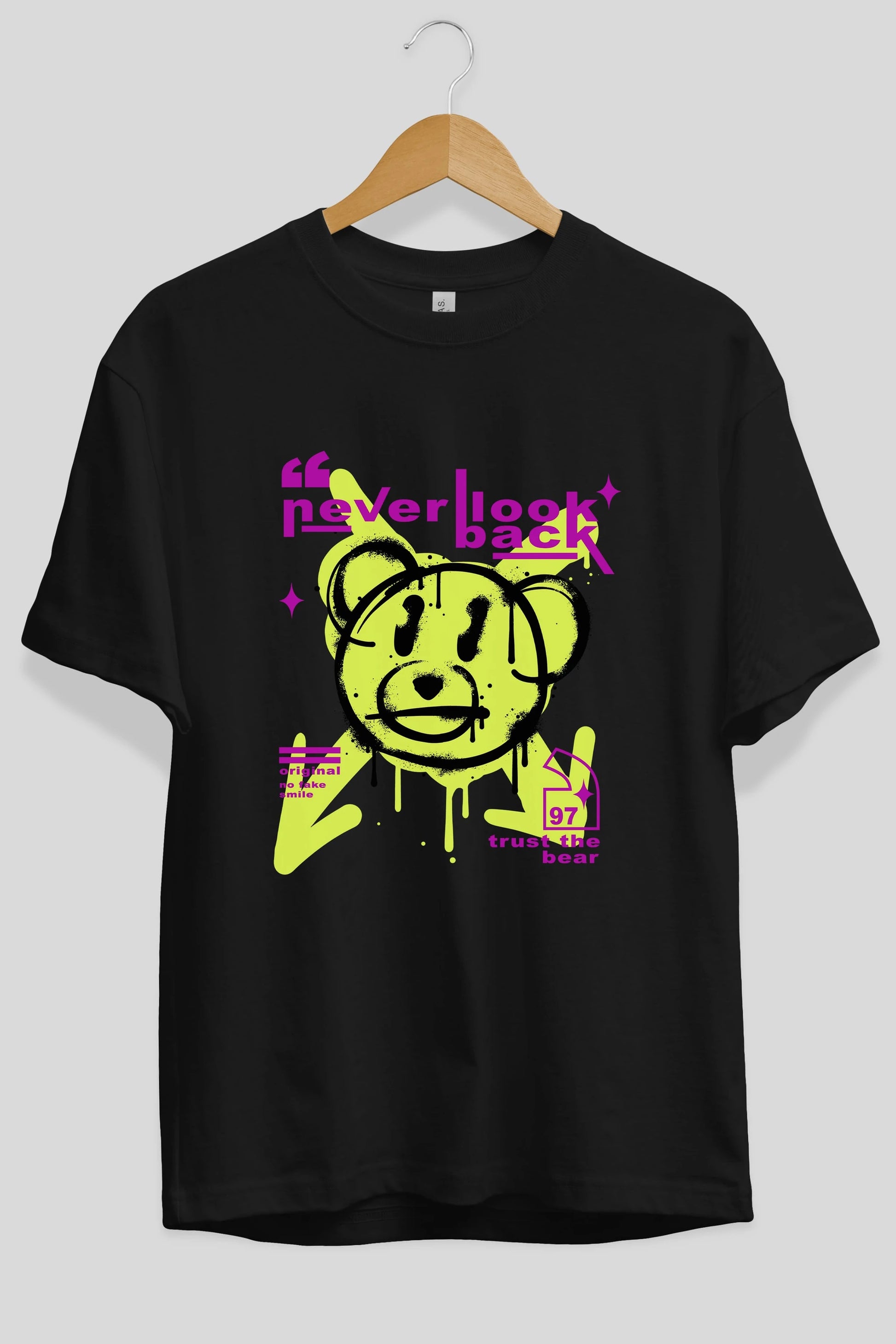 Never Look Back Bear Ön Baskılı Oversize t-shirt Erkek Kadın Unisex