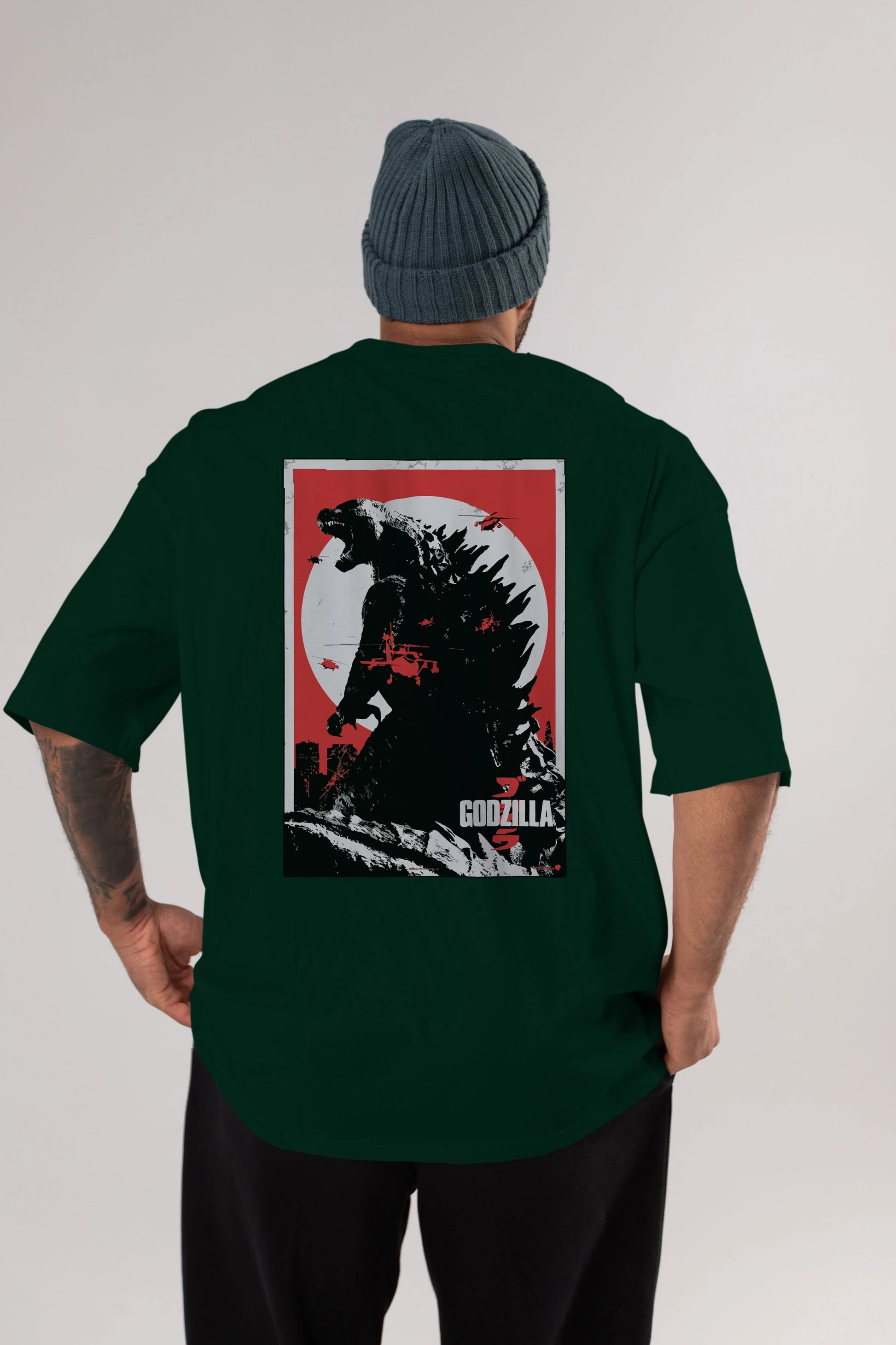 Godzilla (2) Arka Baskılı Oversize t-shirt Erkek Kadın Unisex %100 Pamuk Bisiklet Yaka tişort