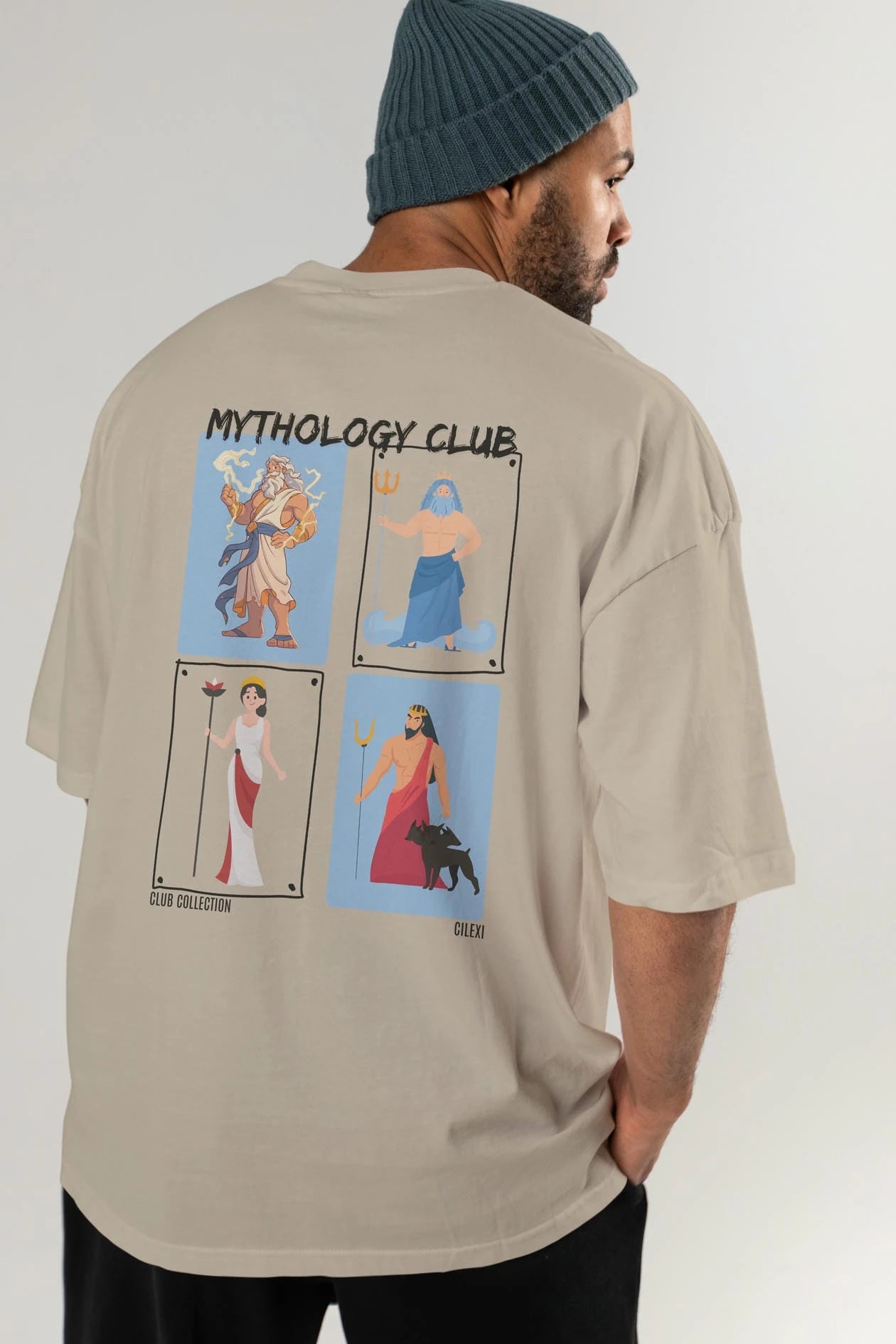Mythology Club 2 Arka Baskılı Oversize t-shirt Erkek Kadın %100 Pamuk Bisiklet Yaka tişort