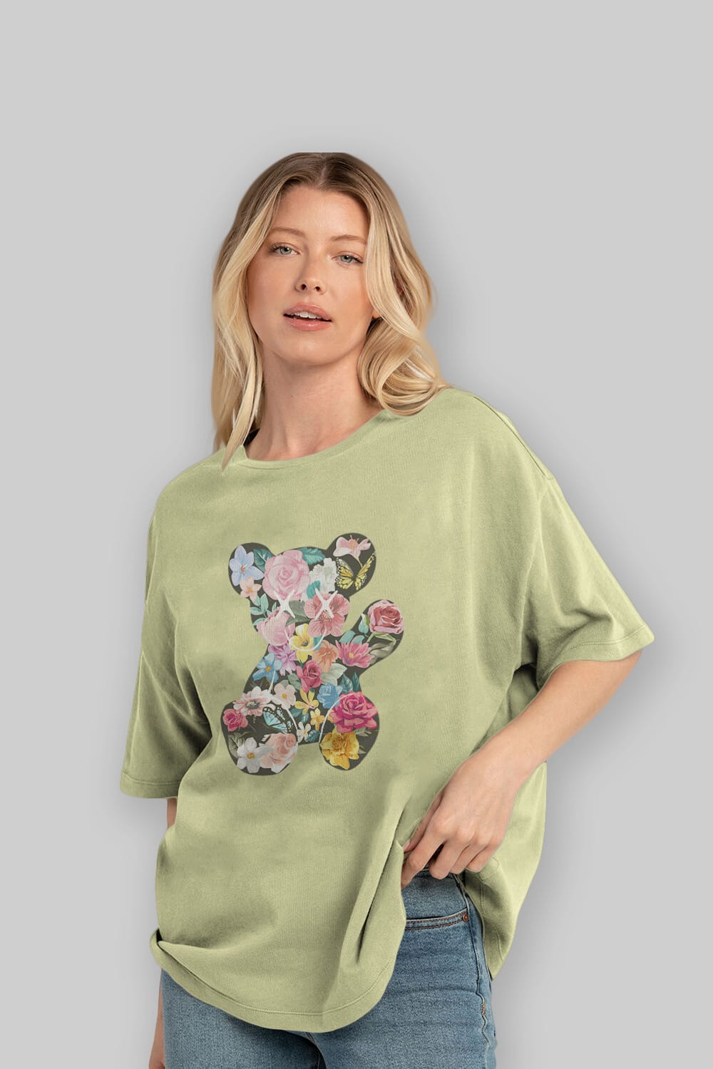 Flowers Bear Ön Baskılı Oversize t-shirt Erkek Kadın Unisex
