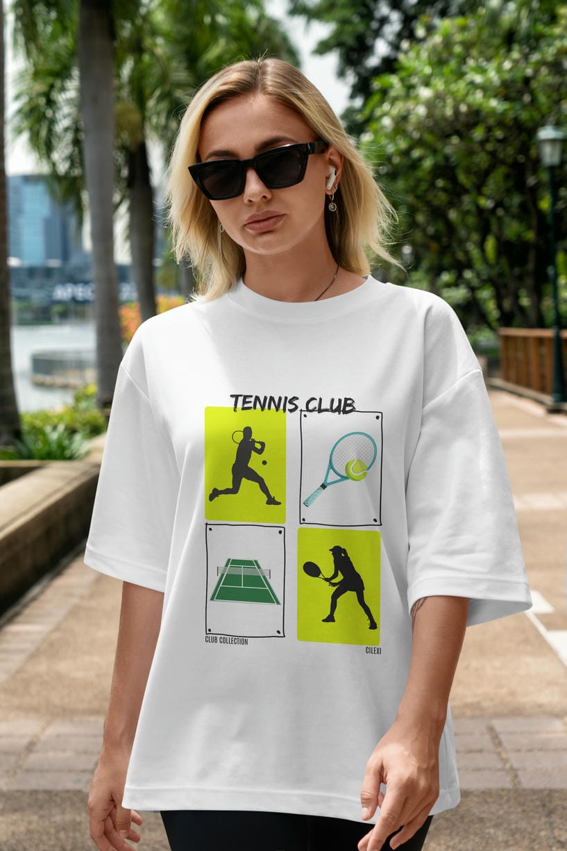Tennis Club ön Baskılı Oversize t-shirt Erkek Kadın %100 Pamuk Bisiklet Yaka tişort