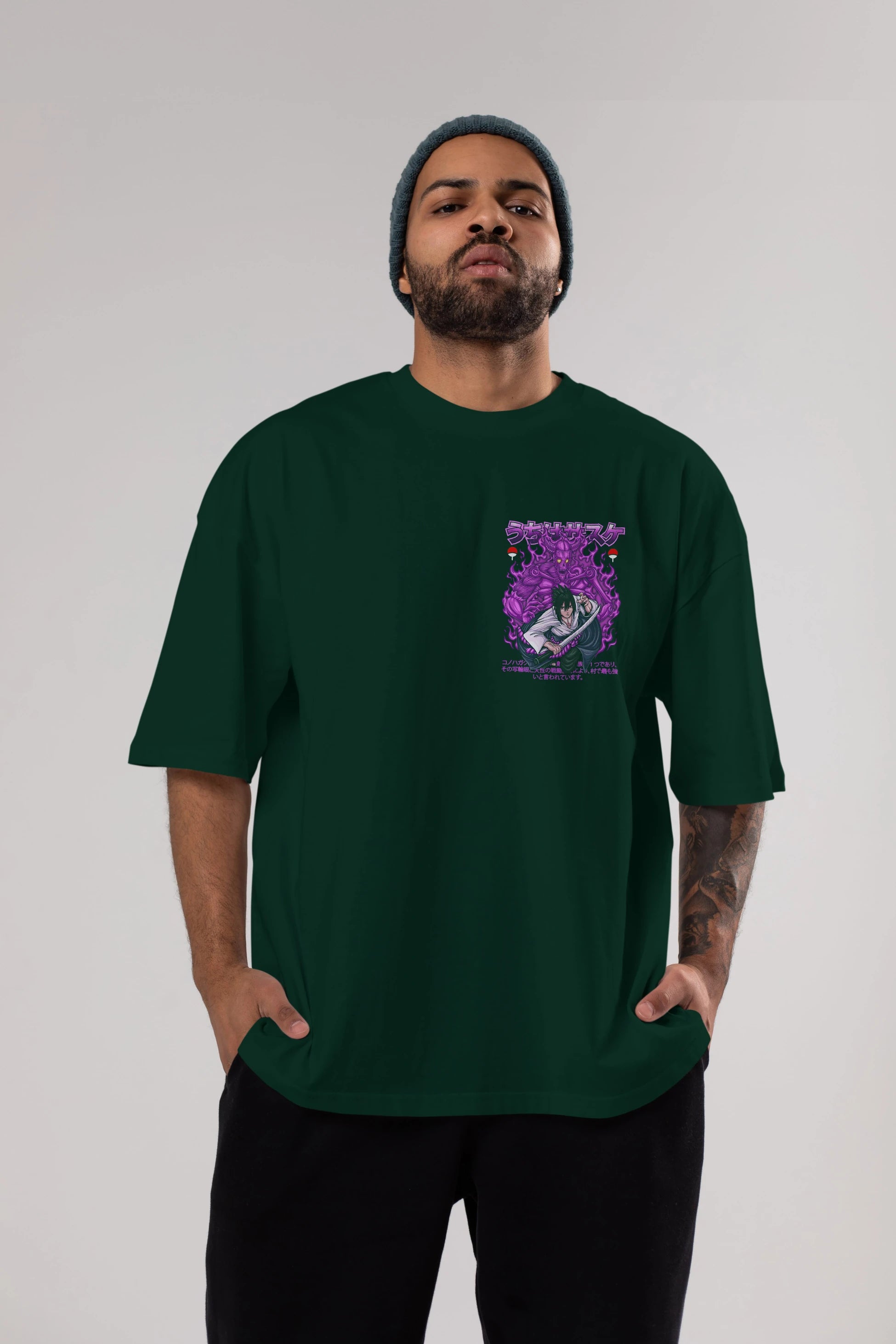 SASUKE UCHIHA NARUTO Ön Sol Baskılı Oversize t-shirt Erkek Kadın Unisex %100 Pamuk Bisiklet Yaka tişort