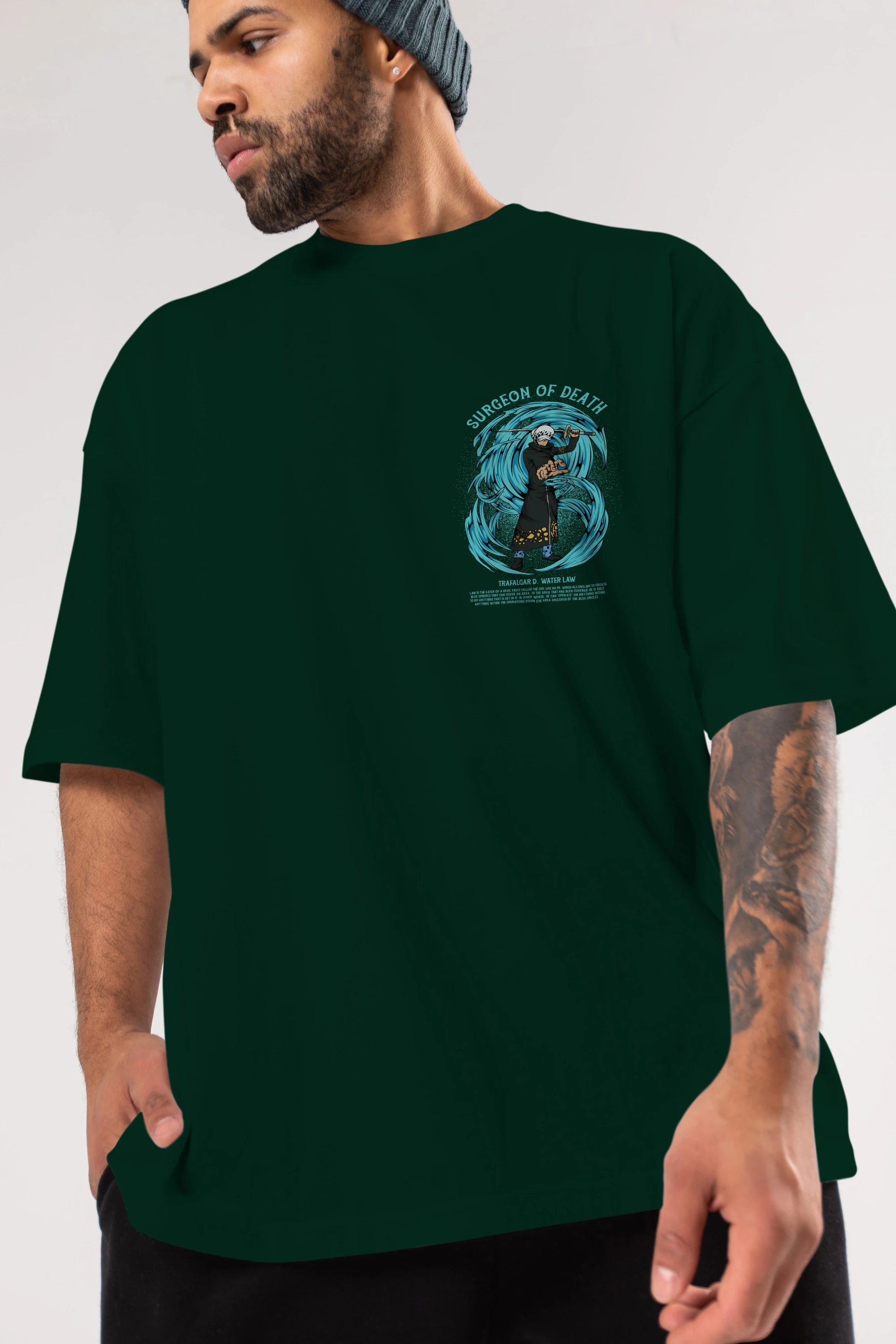 Trafalgad D. Water Law Ön Sol Baskılı Oversize t-shirt Erkek Kadın Unisex %100 Pamuk Bisiklet Yaka tişort