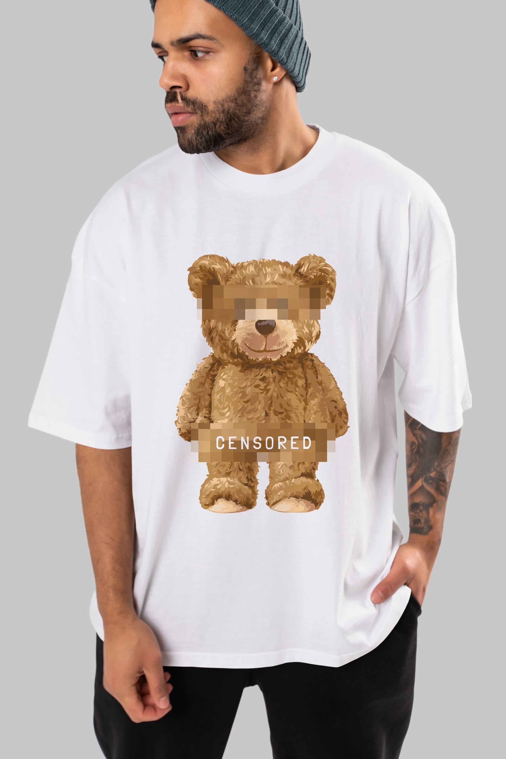 Teddy Bear Censored Ön Baskılı Oversize t-shirt Erkek Kadın Unisex %100 Pamuk