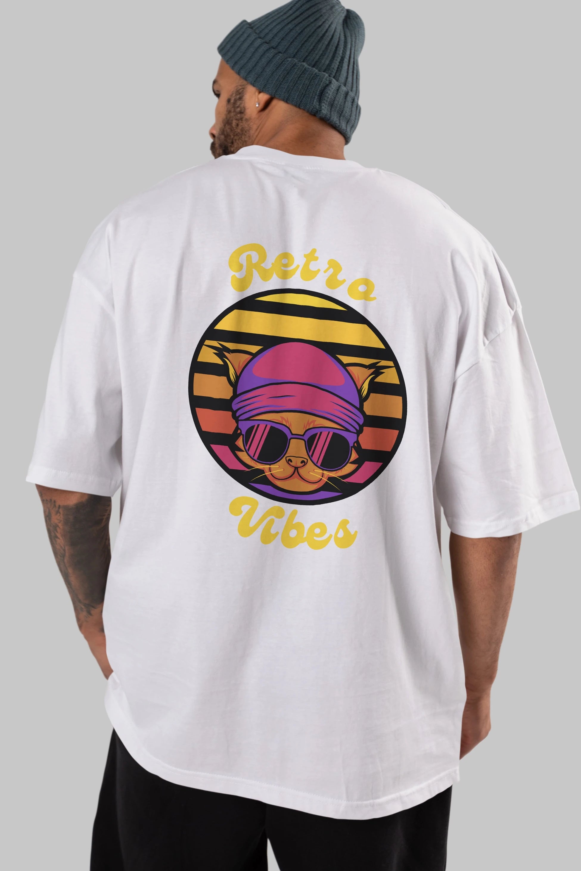 Cat Retro Vibes Arka Baskılı Oversize t-shirt Erkek Kadın Unisex