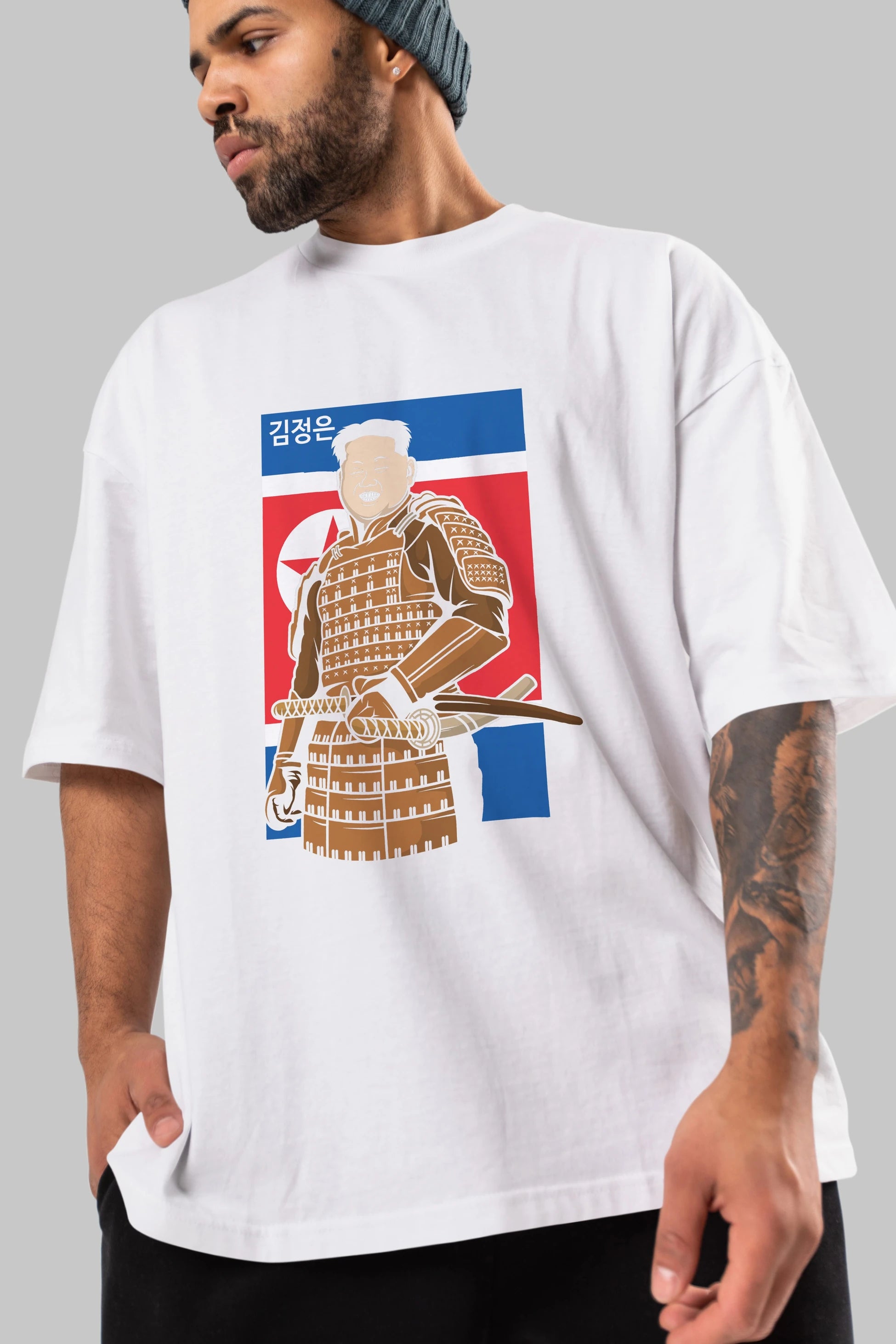 Samurai Jong Un Ön Baskılı Oversize t-shirt Erkek Kadın Unisex %100 Pamuk tişort