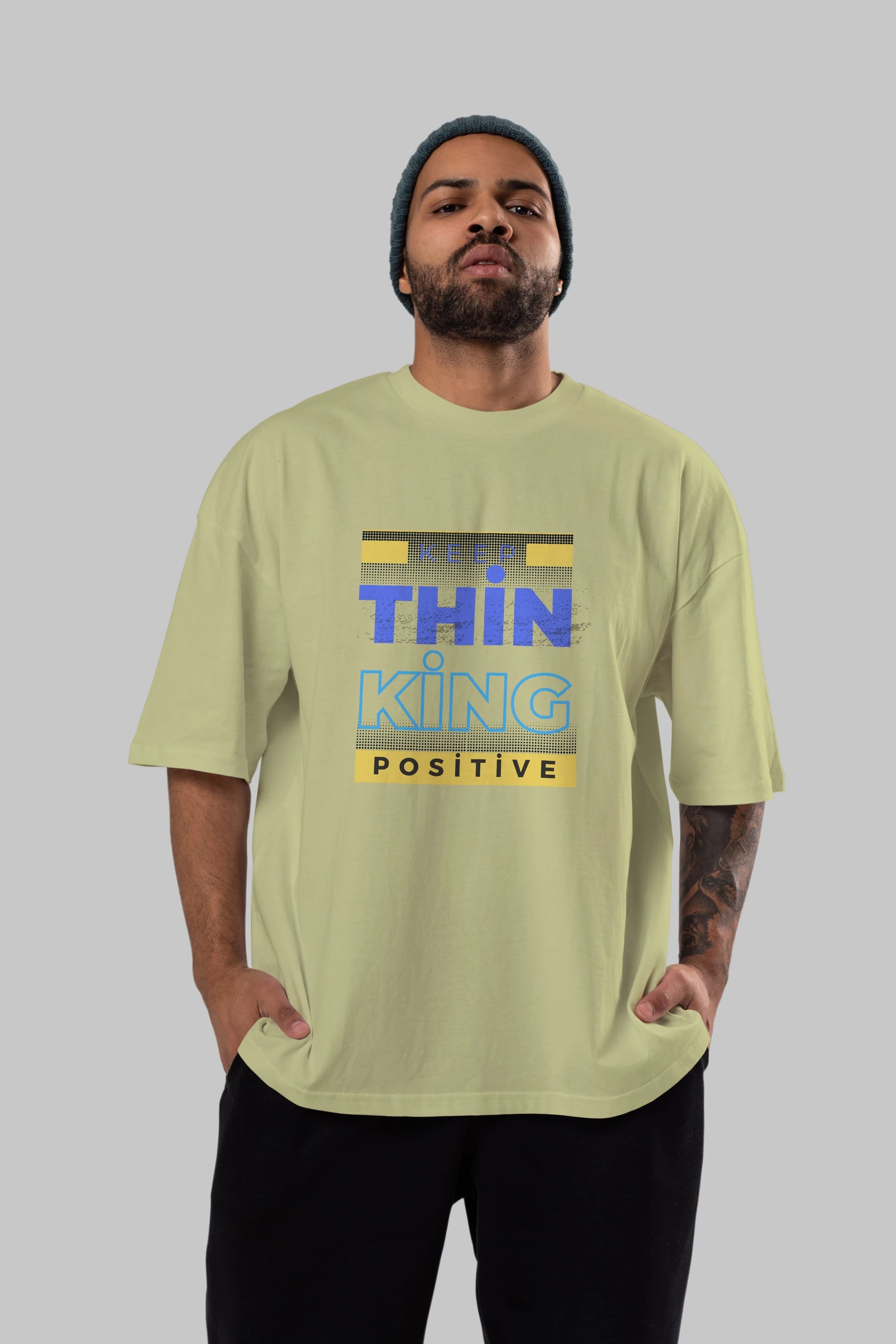 Keep Thinking Positive Yazılı Ön Baskılı Oversize t-shirt Erkek Kadın Unisex
