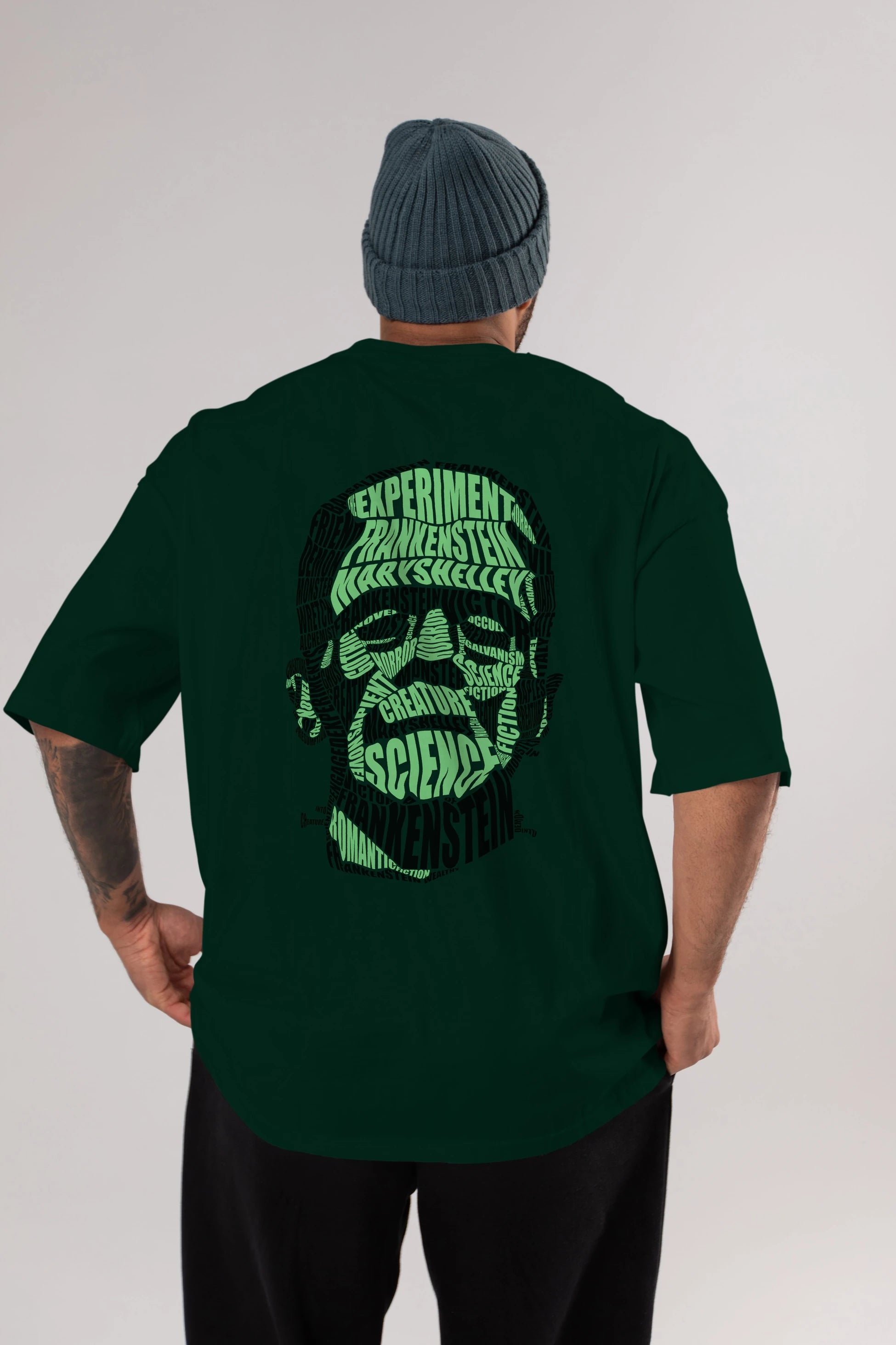 Frankenstein Calligram Arka Baskılı Oversize t-shirt %100 pamuk Erkek Kadın Unisex