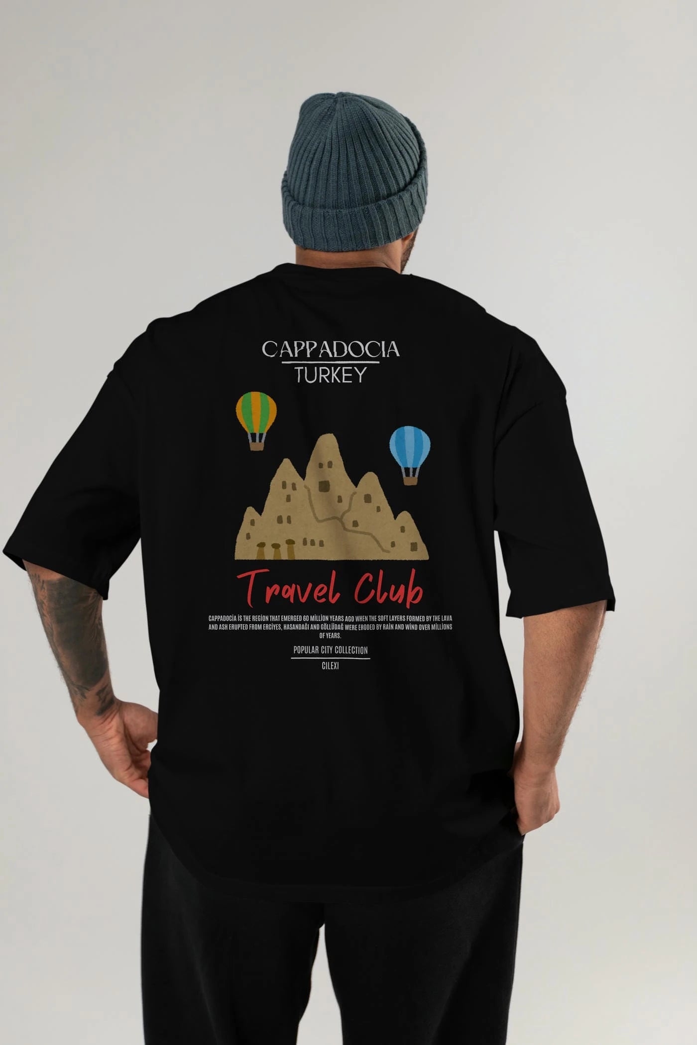 Cappadocia Turkey Arka Baskılı Oversize t-shirt Erkek Kadın Pamuk Bisiklet Yaka tişort