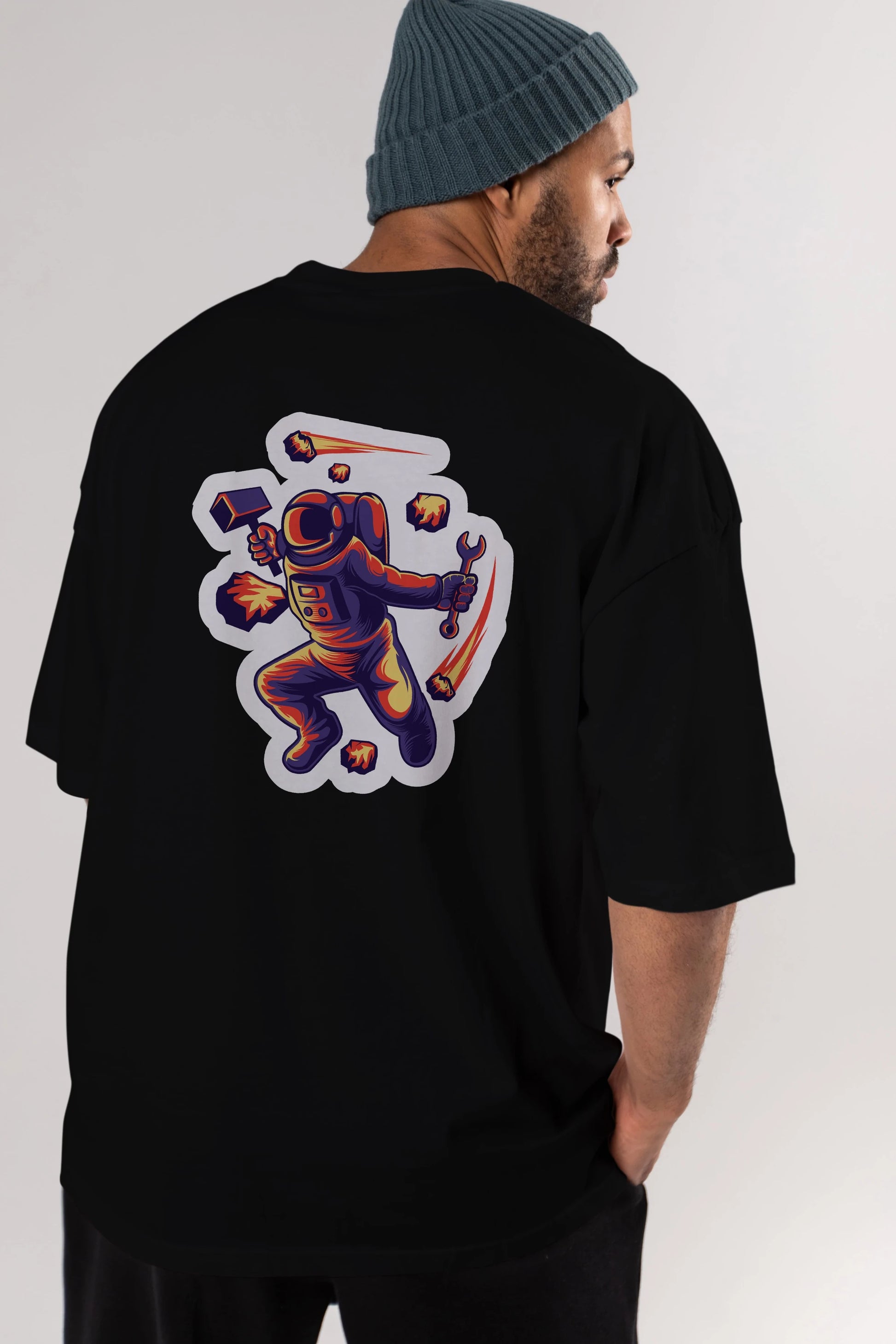 Astronaut Block Meteor Sticker Arka Baskılı Oversize t-shirt Erkek Kadın Unisex