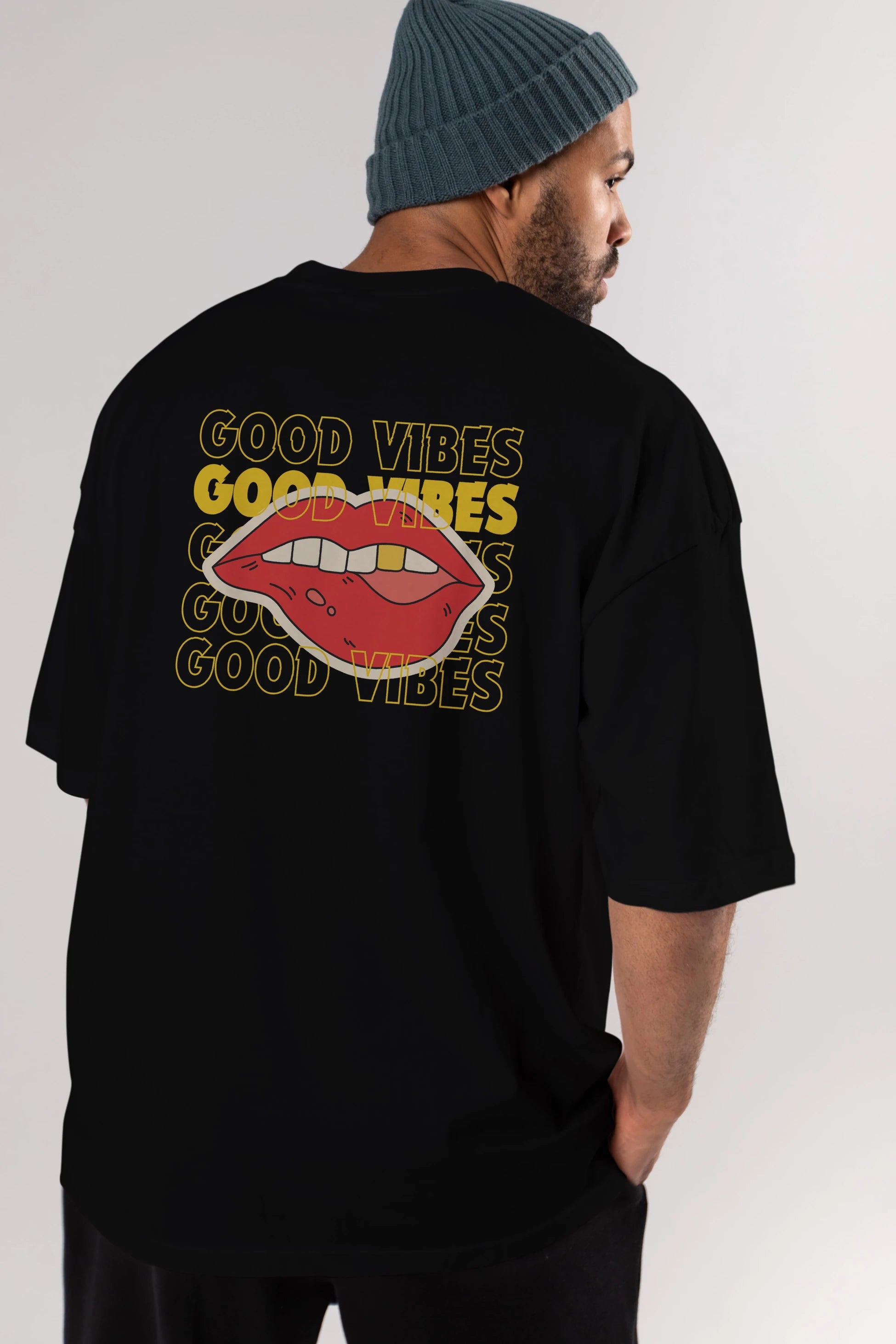 Good Vibes Yazılı 2 Arka Baskılı Oversize t-shirt Erkek Kadın Unisex