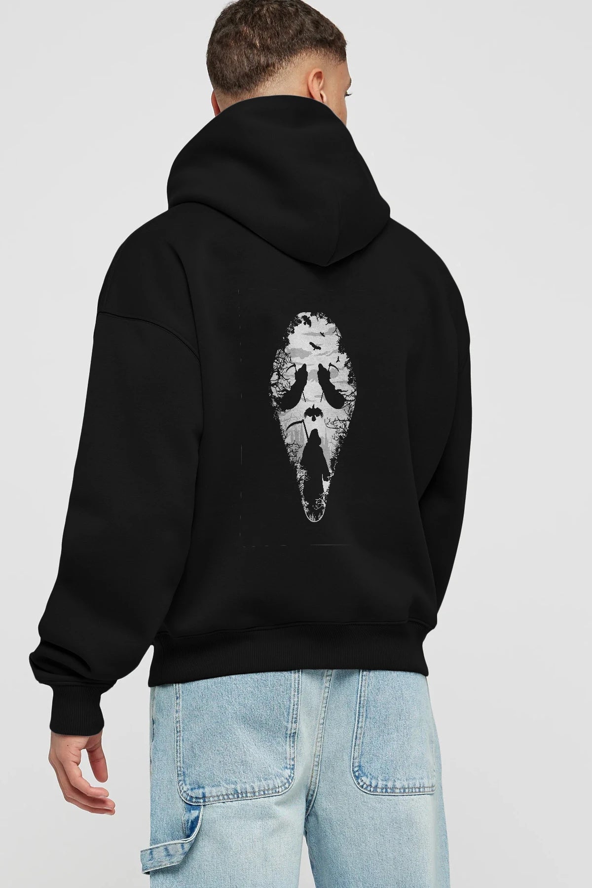 Reaper Scream Arka Baskılı Hoodie Oversize Kapüşonlu Sweatshirt Erkek Kadın Unisex
