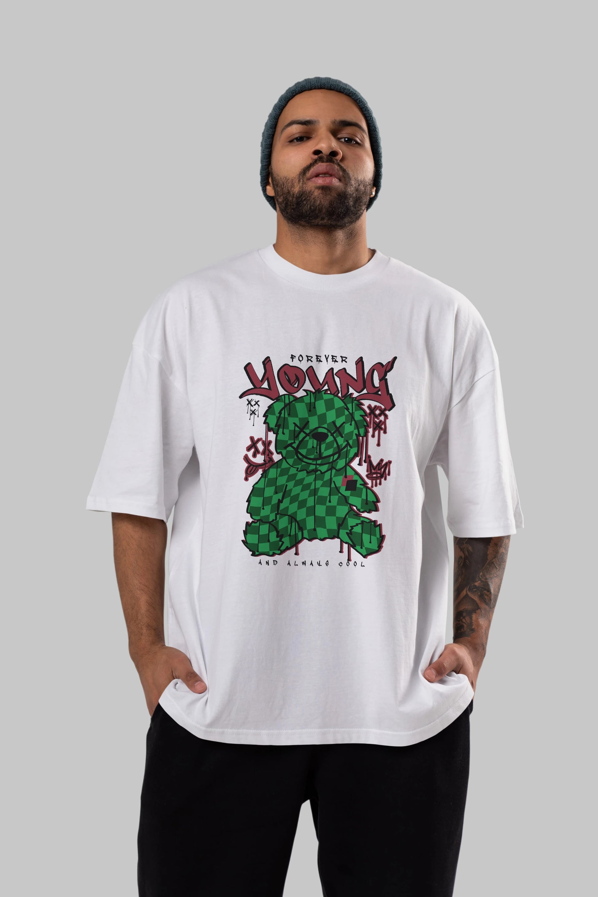 Young and Always Cool Bear Ön Baskılı Oversize t-shirt Erkek Kadın Unisex