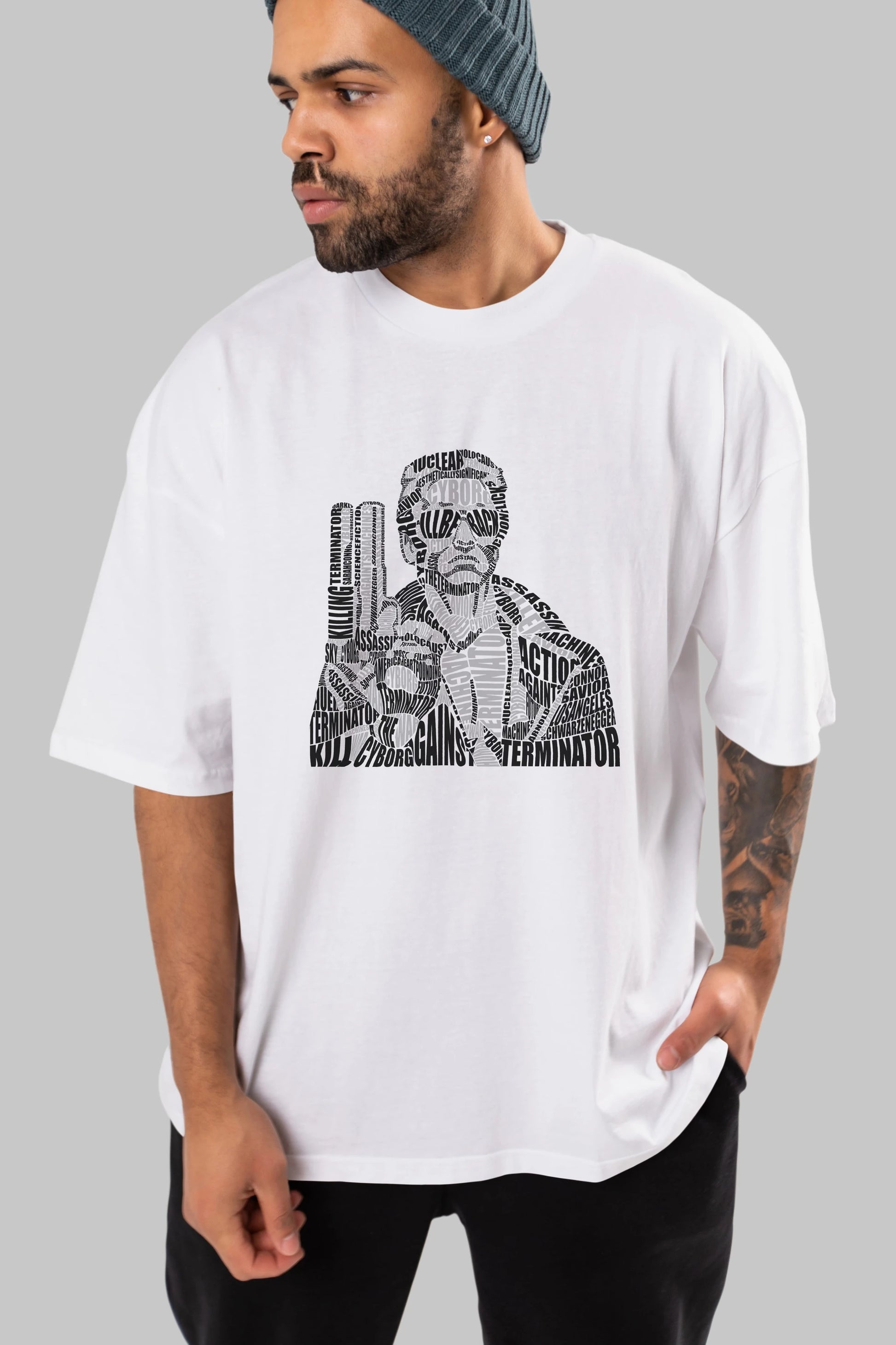 Terminator Calligram Ön Baskılı Oversize t-shirt %100 pamuk Erkek Kadın Unisex