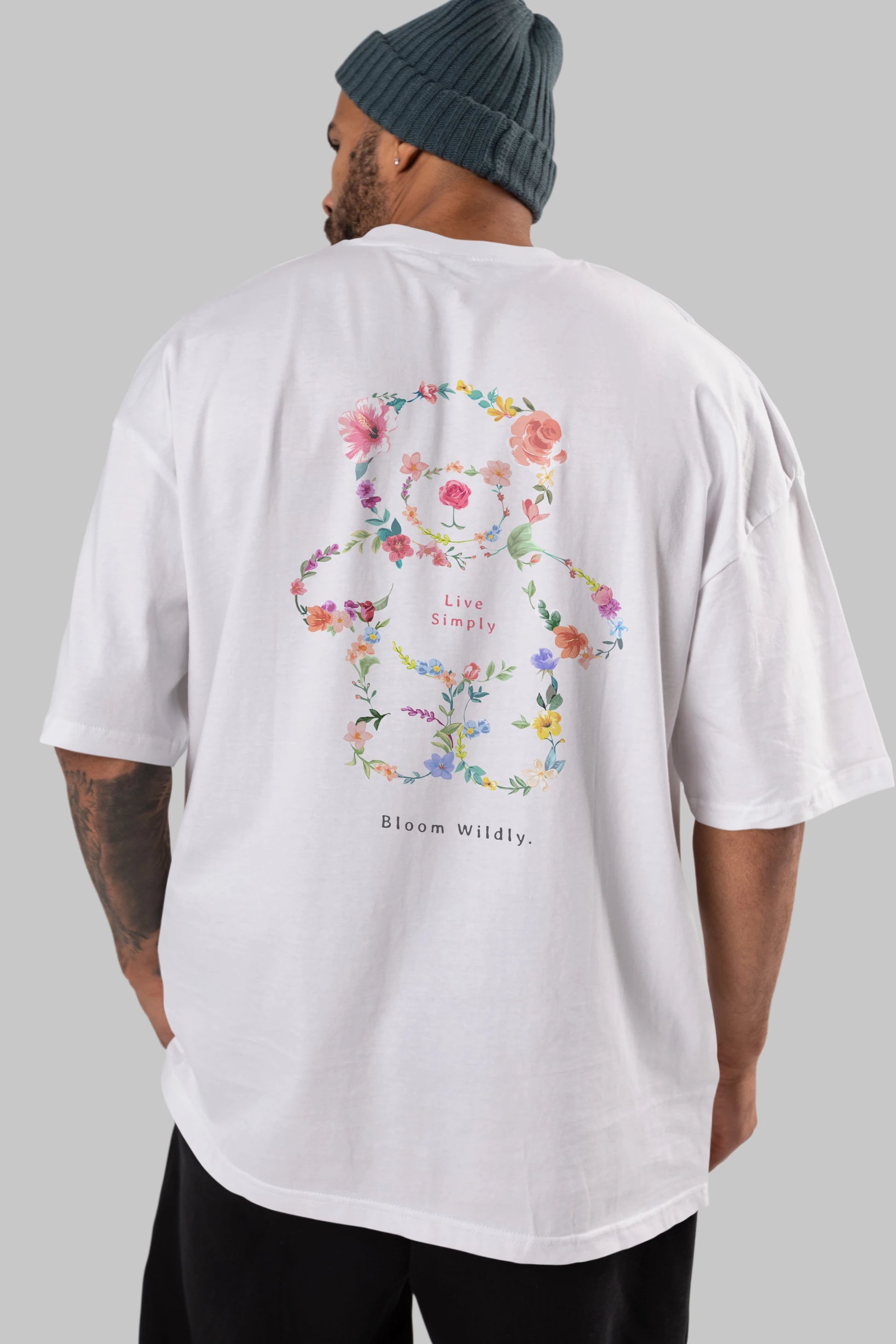 Teddy Bear Flowers Arka Baskılı Oversize t-shirt Erkek Kadın Unisex