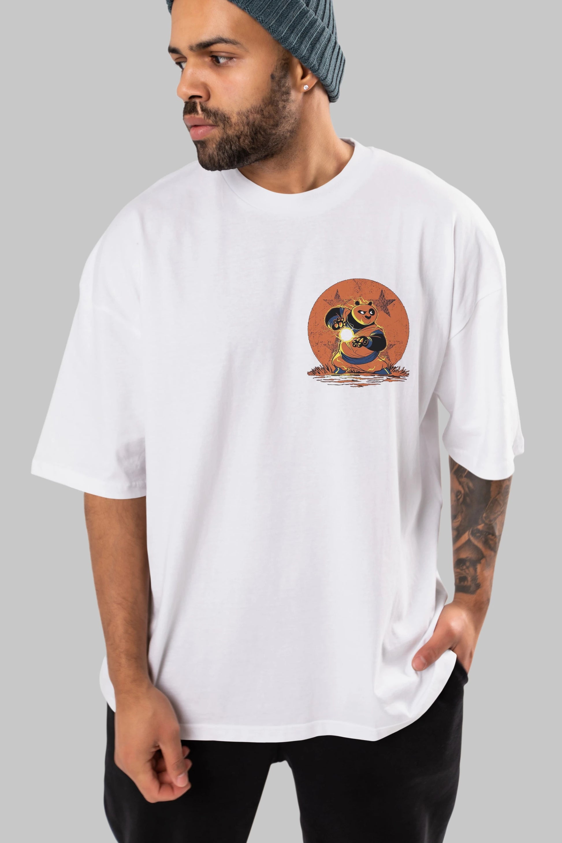 Kung Fu Panda Ön Sol Baskılı Oversize t-shirt Erkek Kadın Unisex %100 Pamuk Bisiklet Yaka tişort
