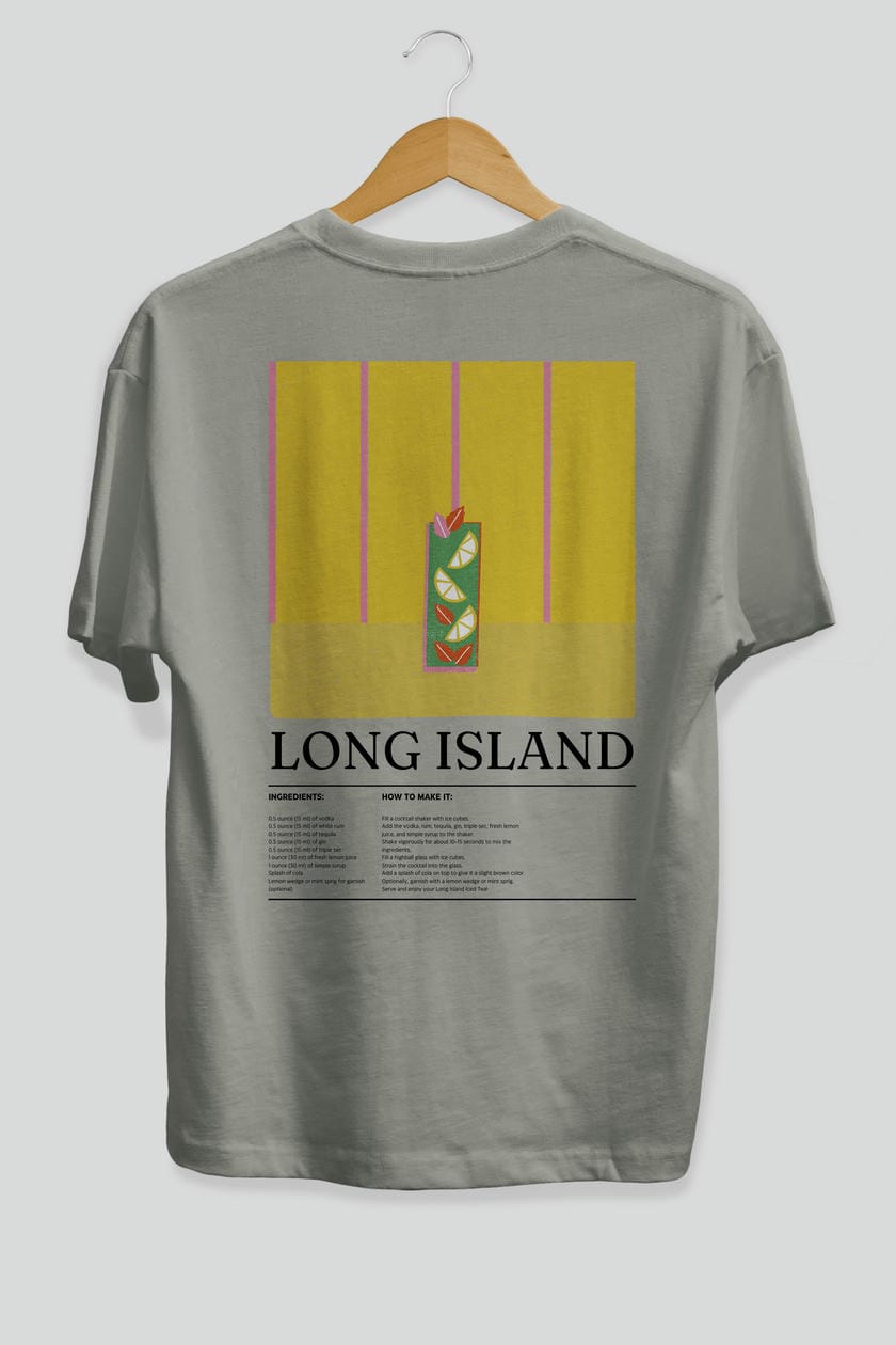 Long Island Kokteyl Serisi Arka Baskılı Oversize t-shirt Erkek Kadın %100 Pamuk Bisiklet Yaka tişort