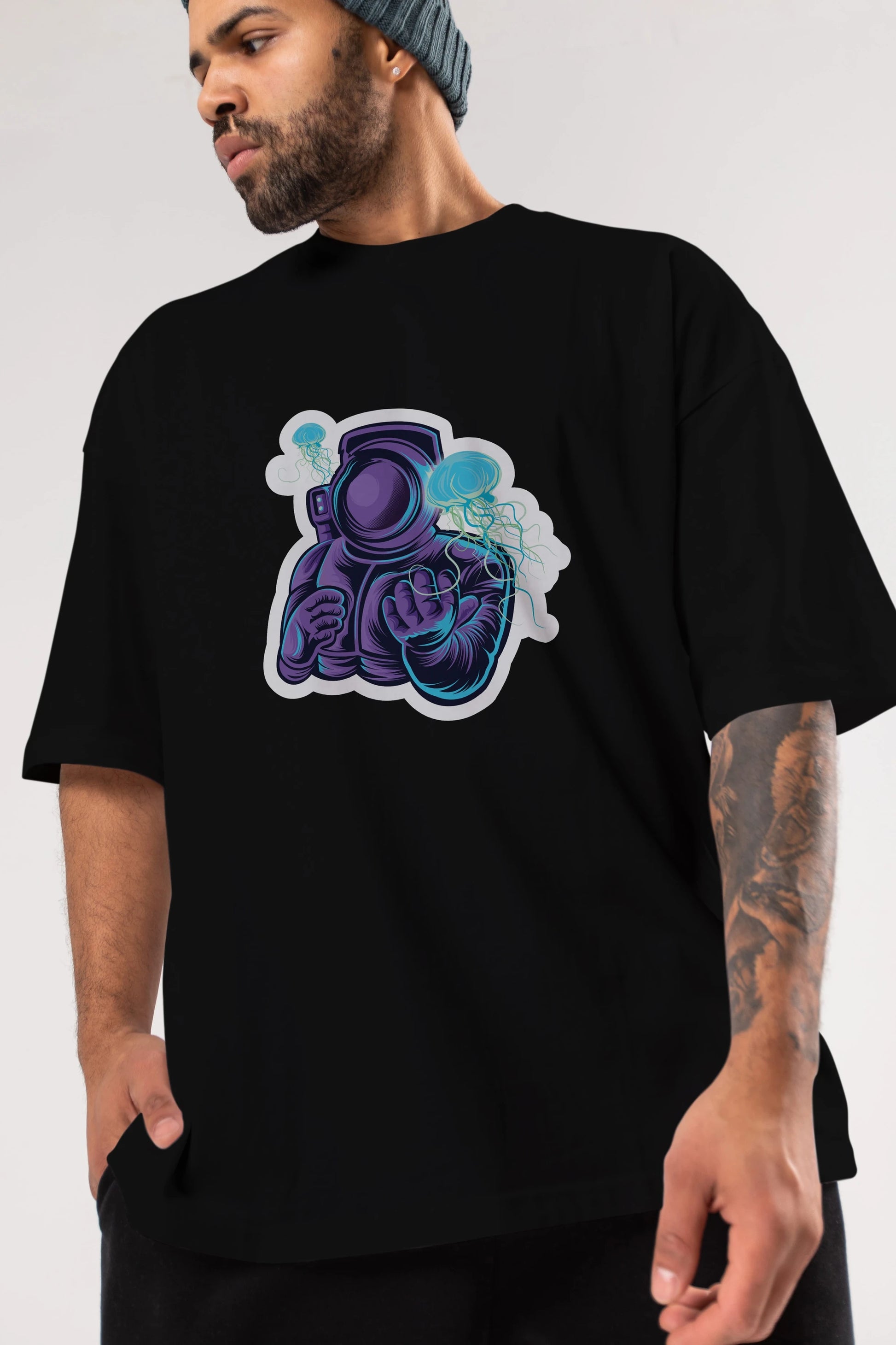 Astronaut and Jellyfish Sticker Ön Baskılı Oversize t-shirt Erkek Kadın Unisex