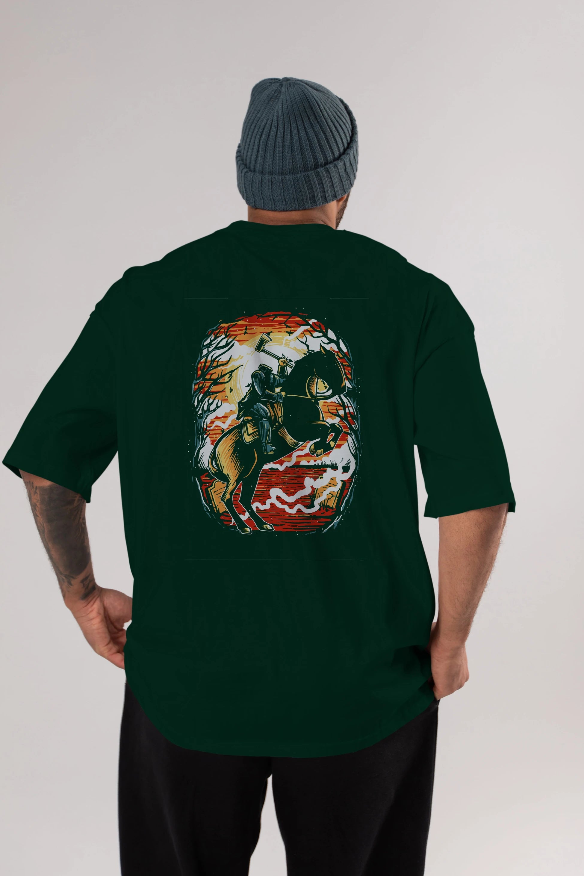 Headless Horseman Arka Baskılı Oversize t-shirt Erkek Kadın Unisex %100 Pamuk