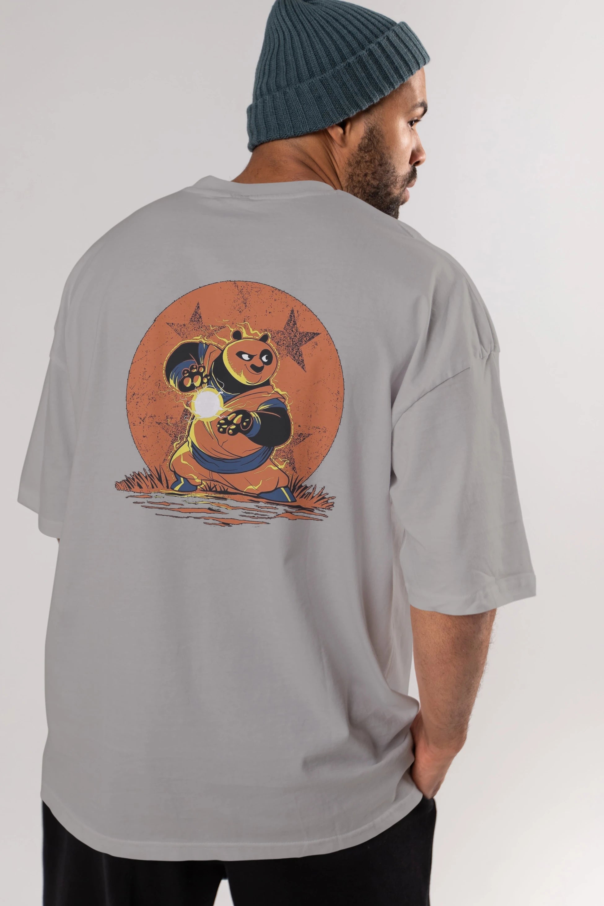 Kung Fu Panda Arka Baskılı Oversize t-shirt Erkek Kadın Unisex %100 Pamuk Bisiklet Yaka tişort
