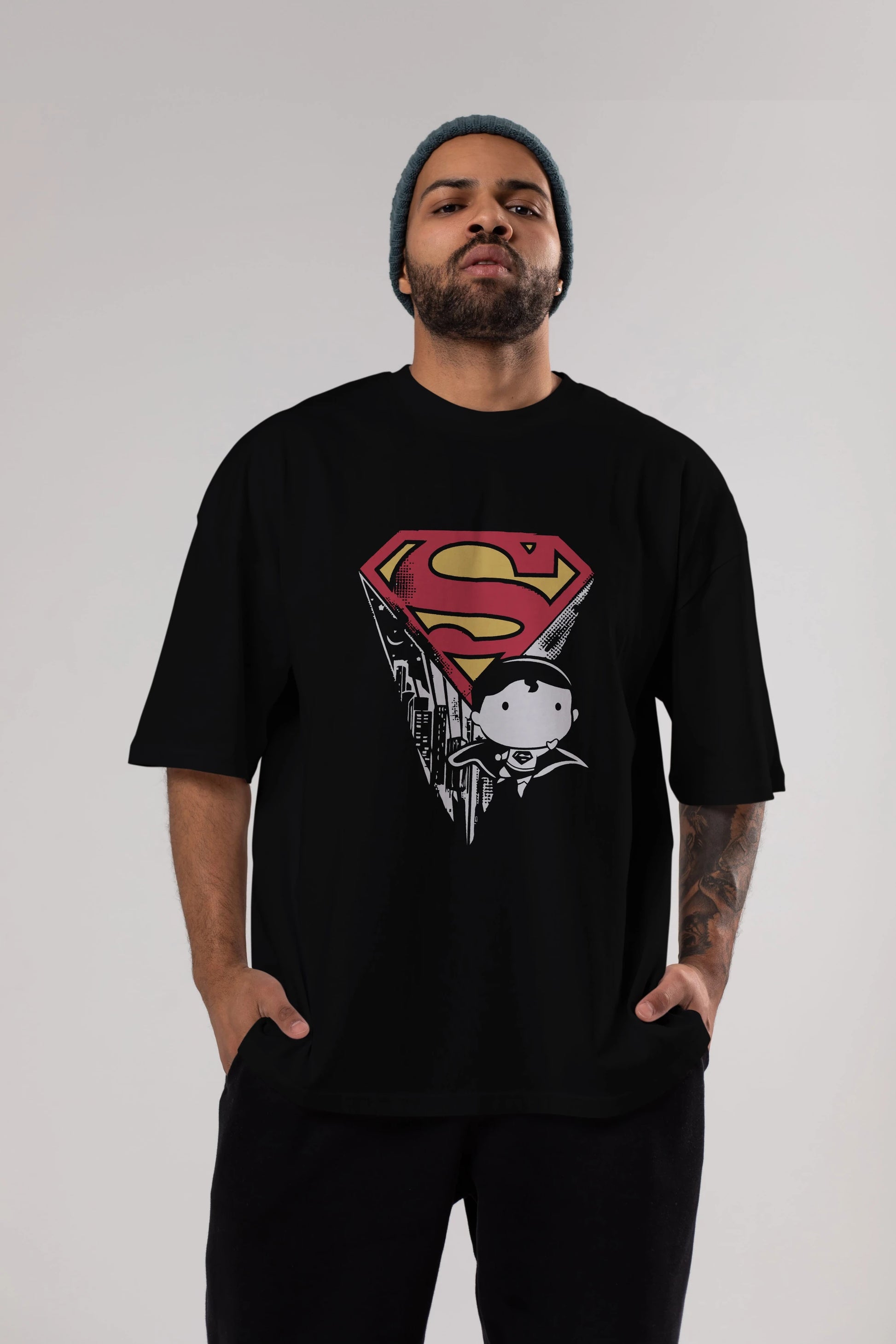Superman Ön Baskılı Oversize t-shirt Erkek Kadın Unisex %100 Pamuk Bisiklet Yaka tişort