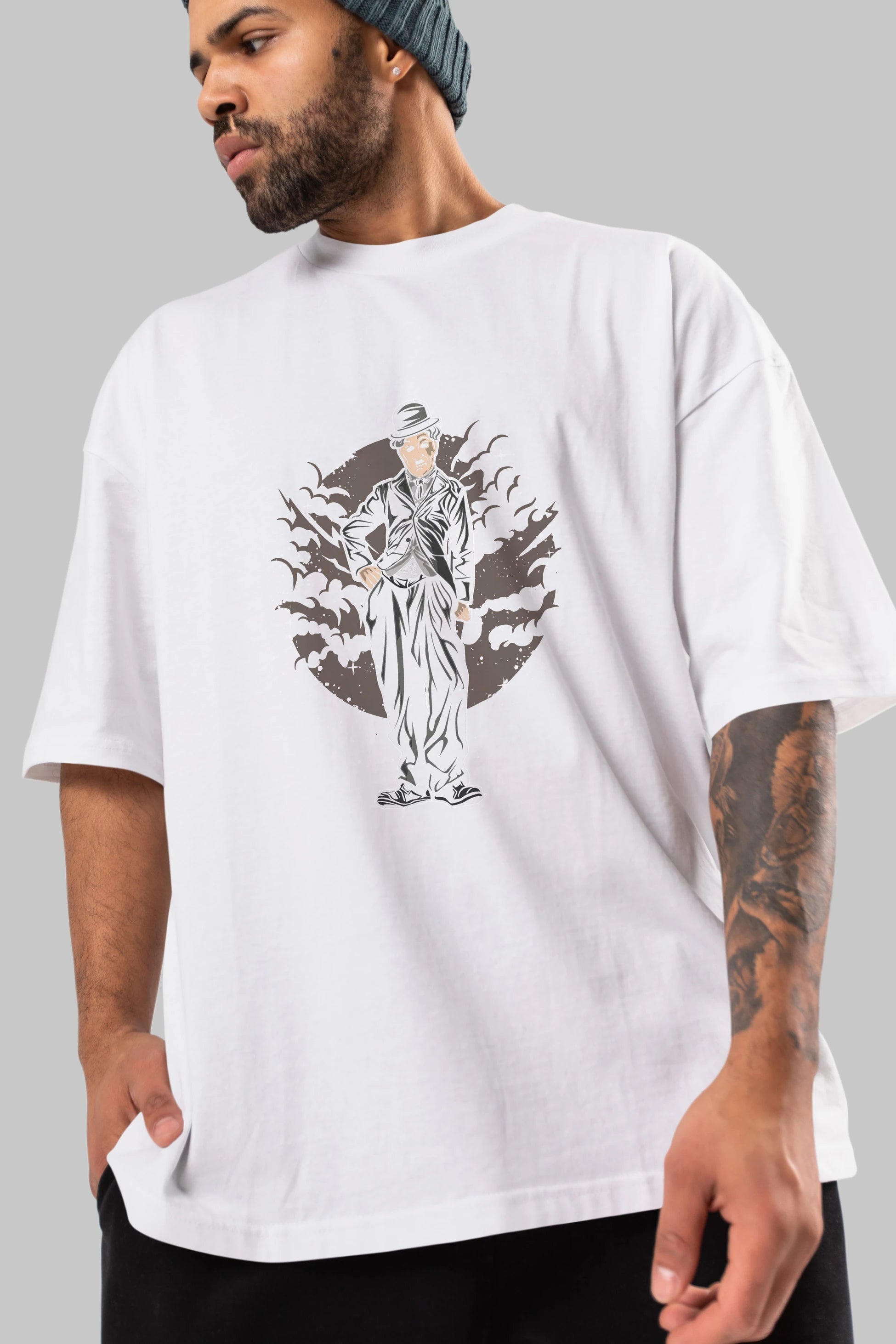 CHAPLIN Ön Baskılı Oversize t-shirt Erkek Kadın Unisex %100 Pamuk tişort