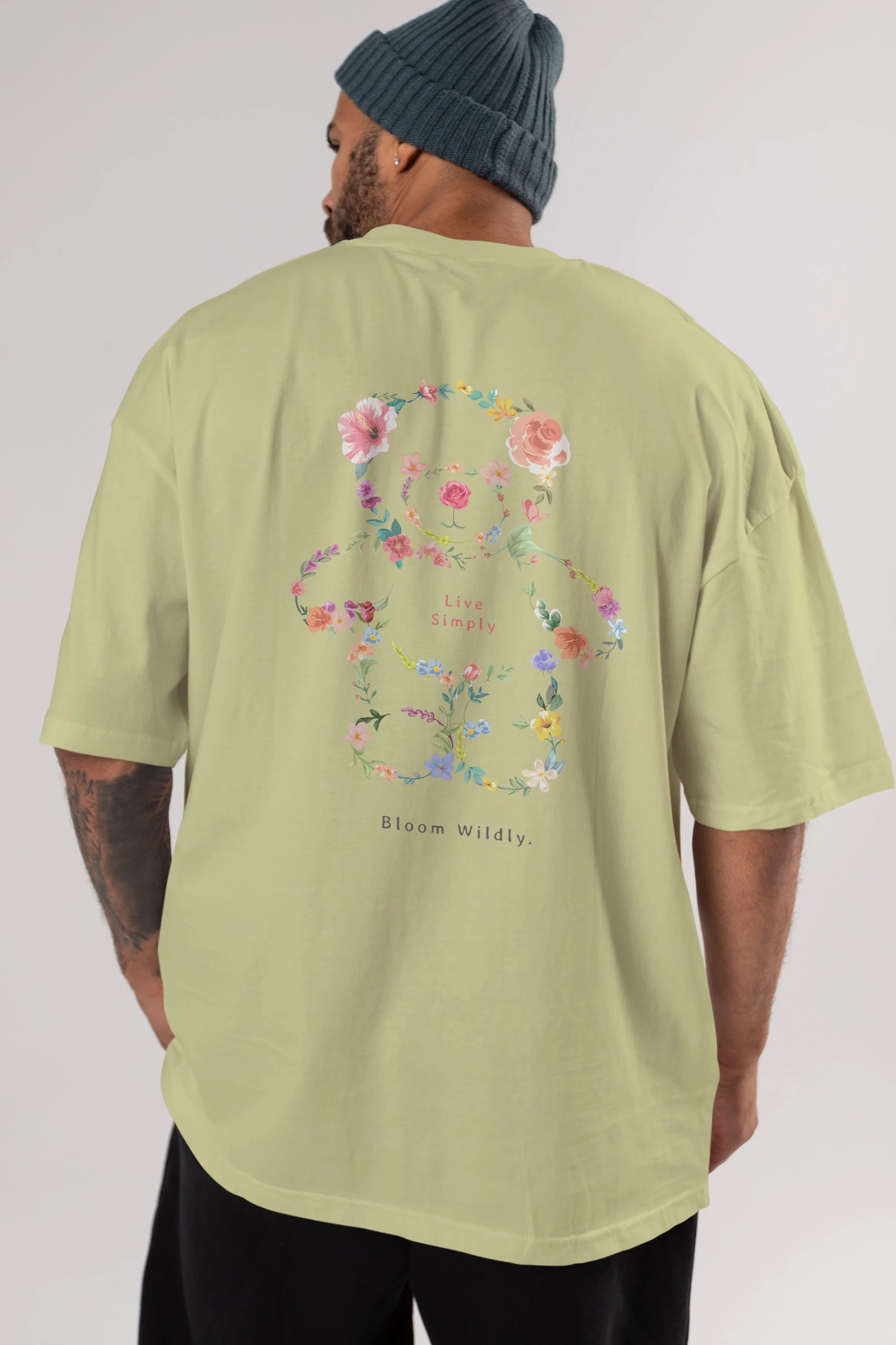 Teddy Bear Flowers Arka Baskılı Oversize t-shirt Erkek Kadın Unisex