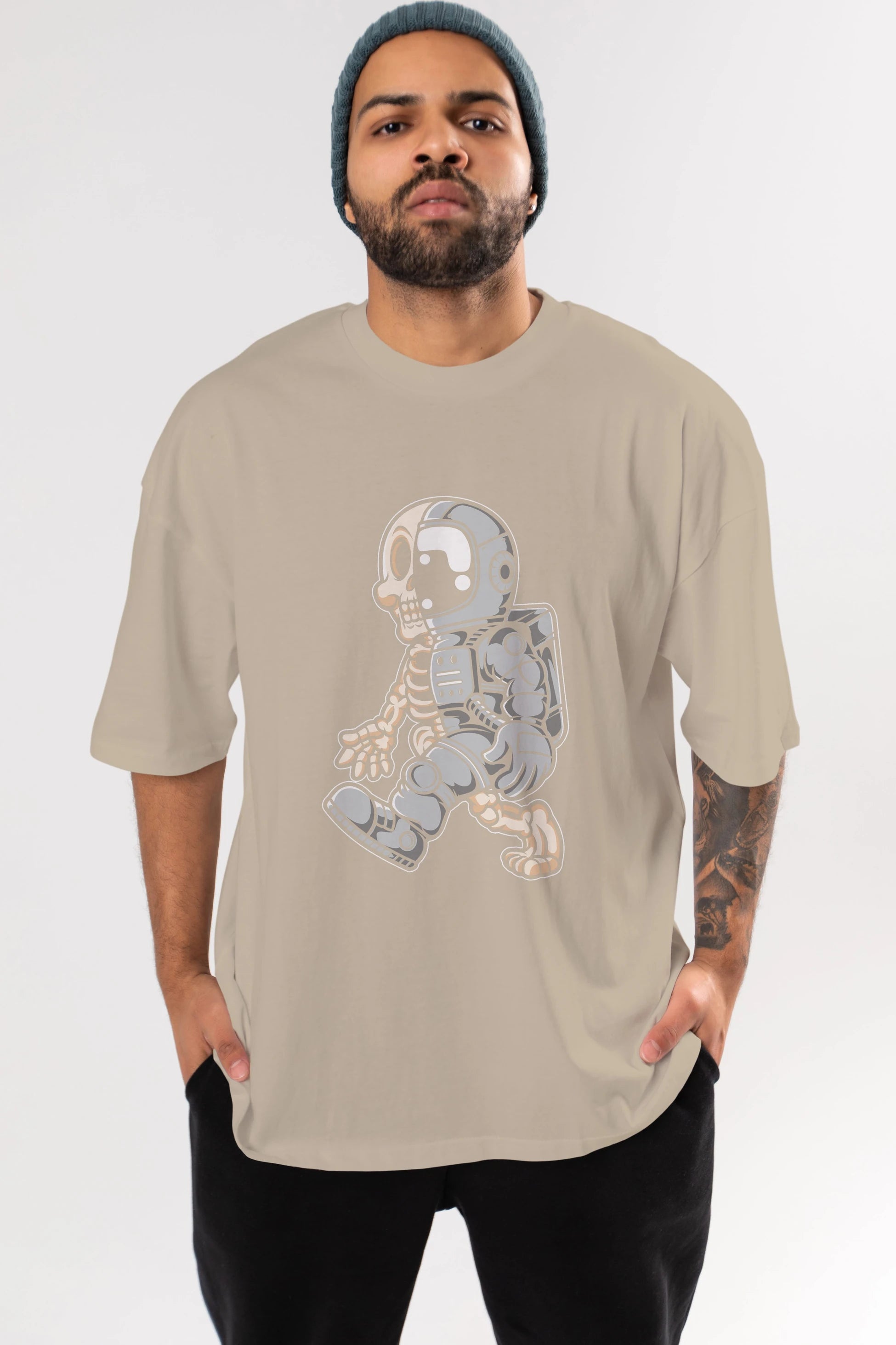 Astronaut Half Skull Ön Baskılı Oversize t-shirt Erkek Kadın Unisex