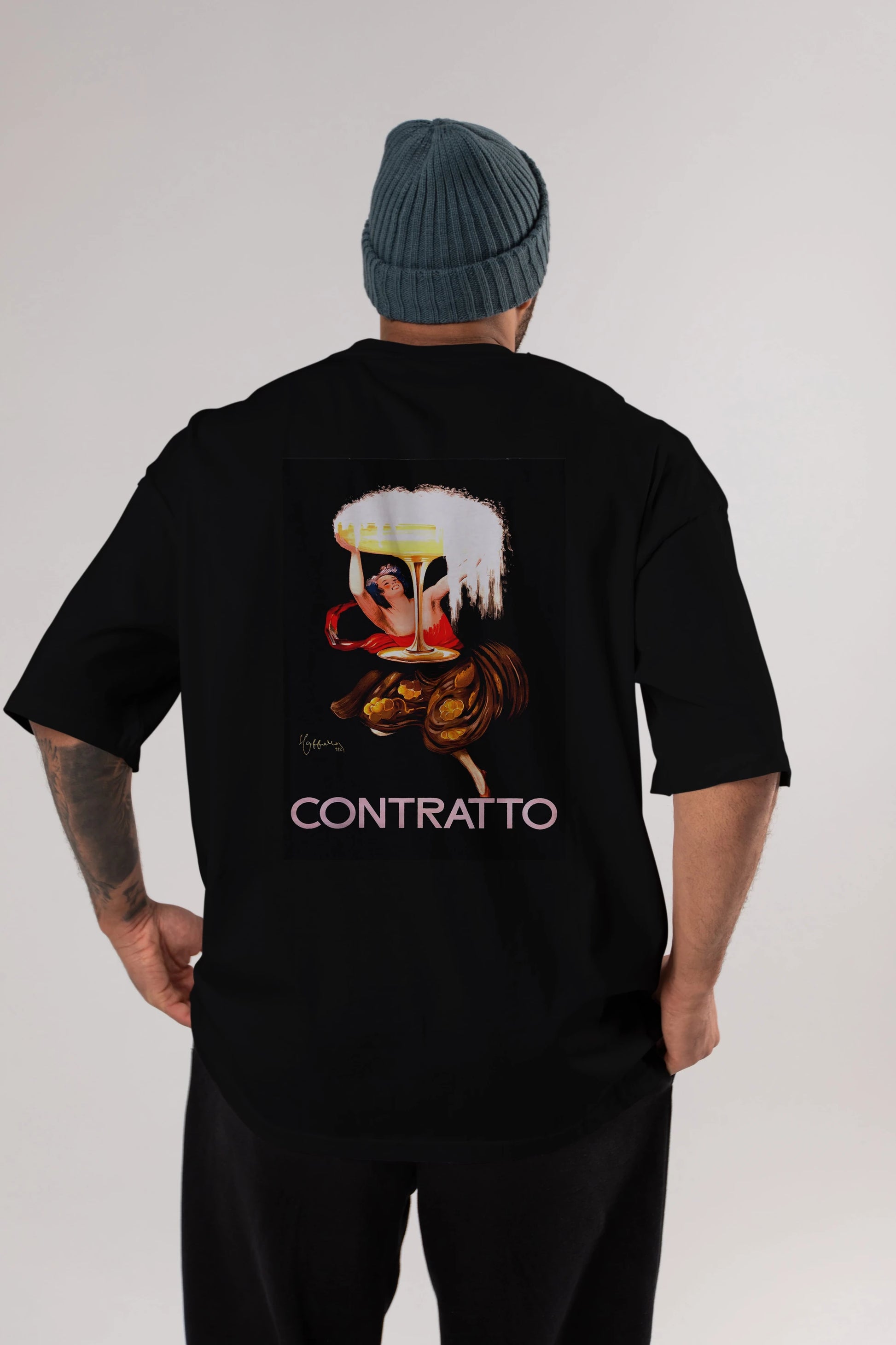 Contratto Arka Baskılı Oversize t-shirt Erkek Kadın Unisex %100 Pamuk Bisiklet Yaka tişort